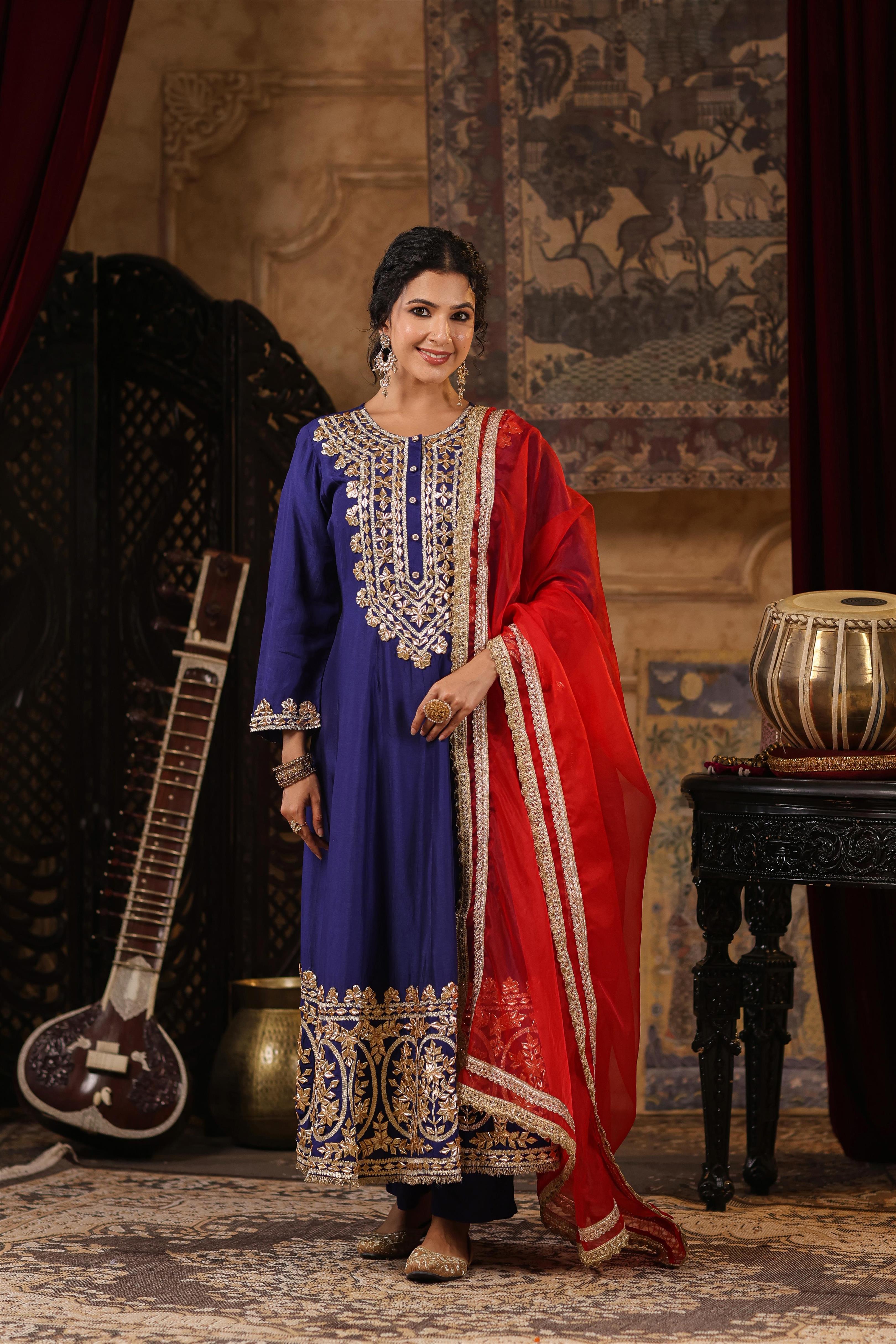 Navy Blue-Red Dupion Silk Gota Patti Work Anarkali Set