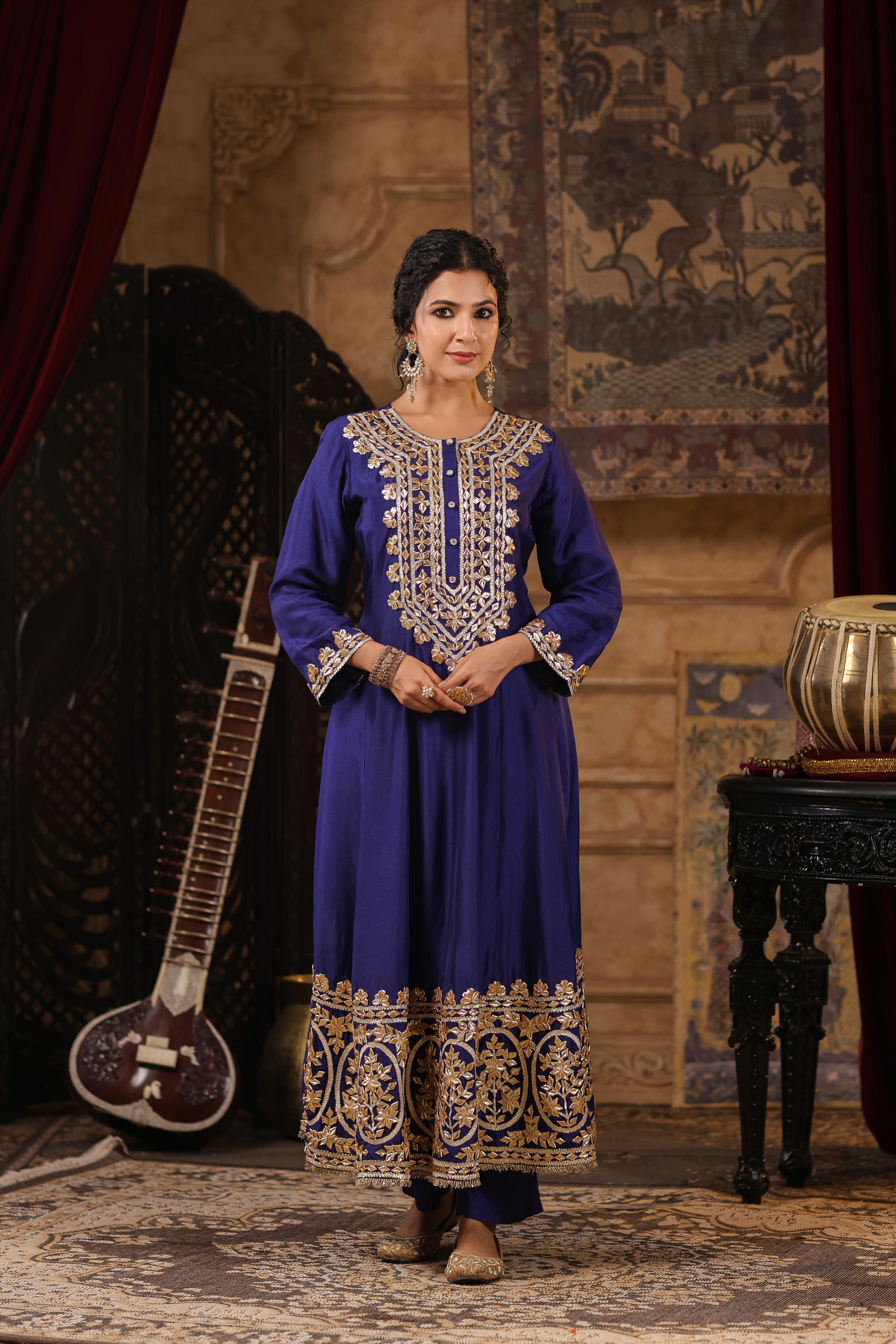 Navy Blue-Red Dupion Silk Gota Patti Work Anarkali Set