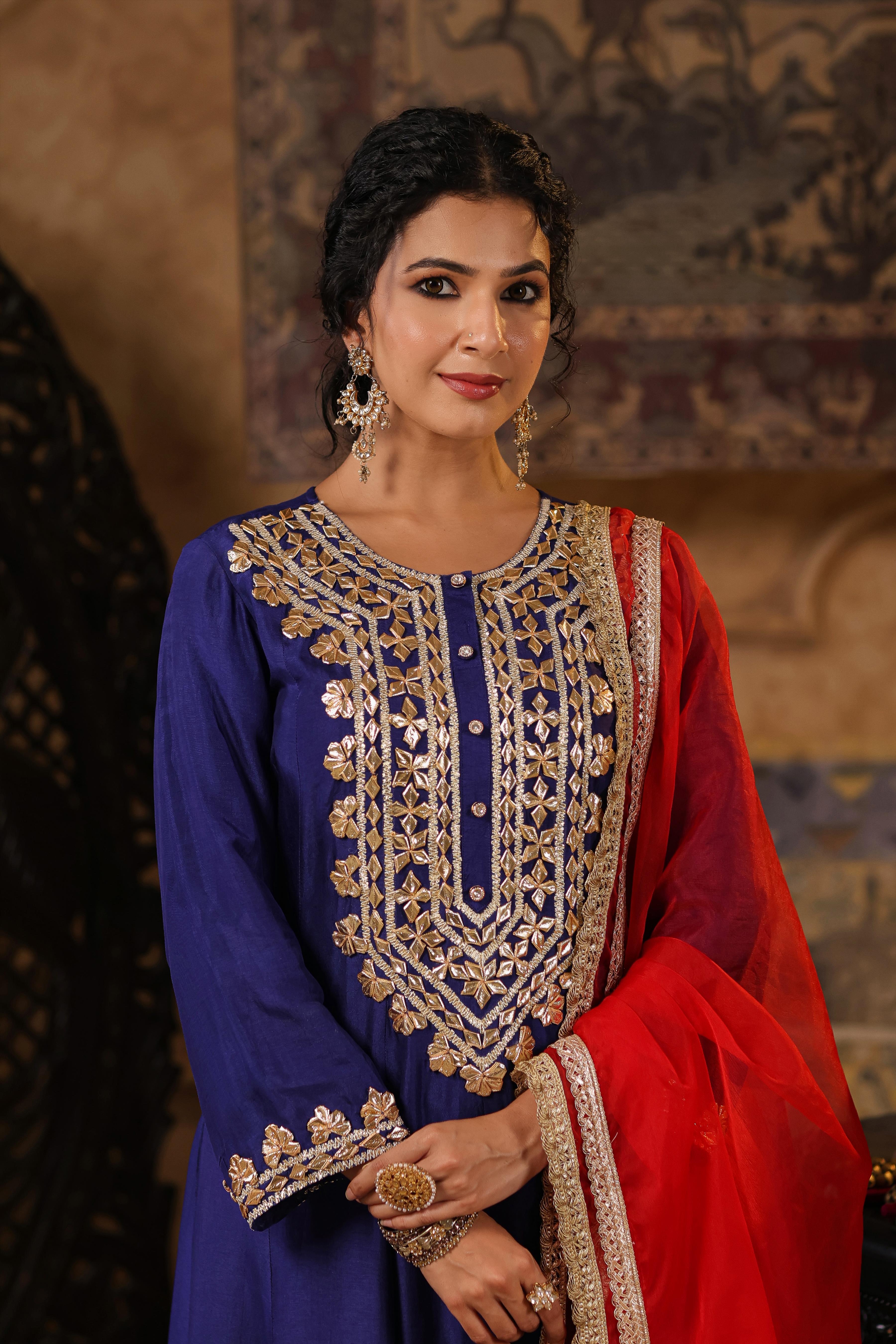 Navy Blue-Red Dupion Silk Gota Patti Work Anarkali Set