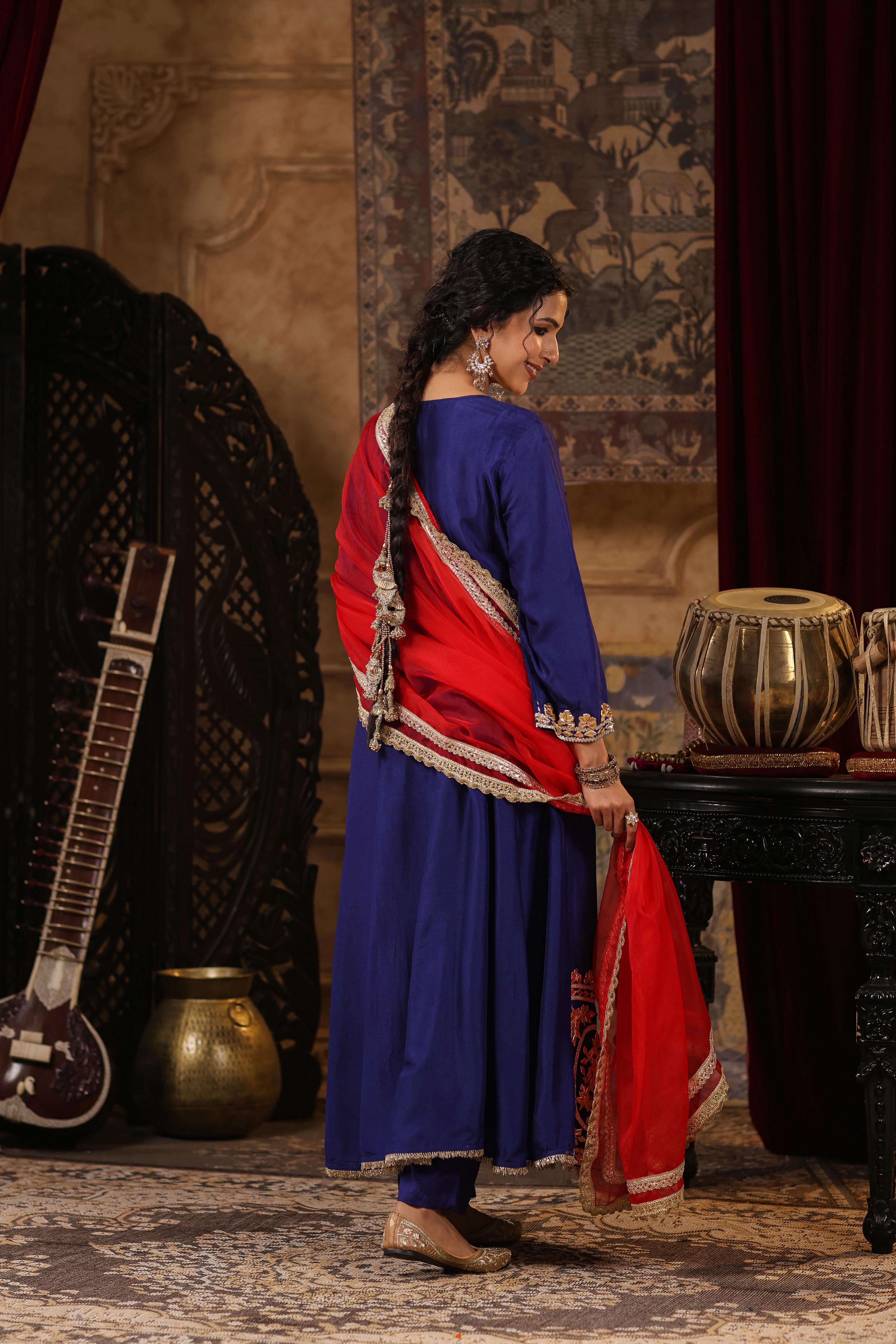 Navy Blue-Red Dupion Silk Gota Patti Work Anarkali Set