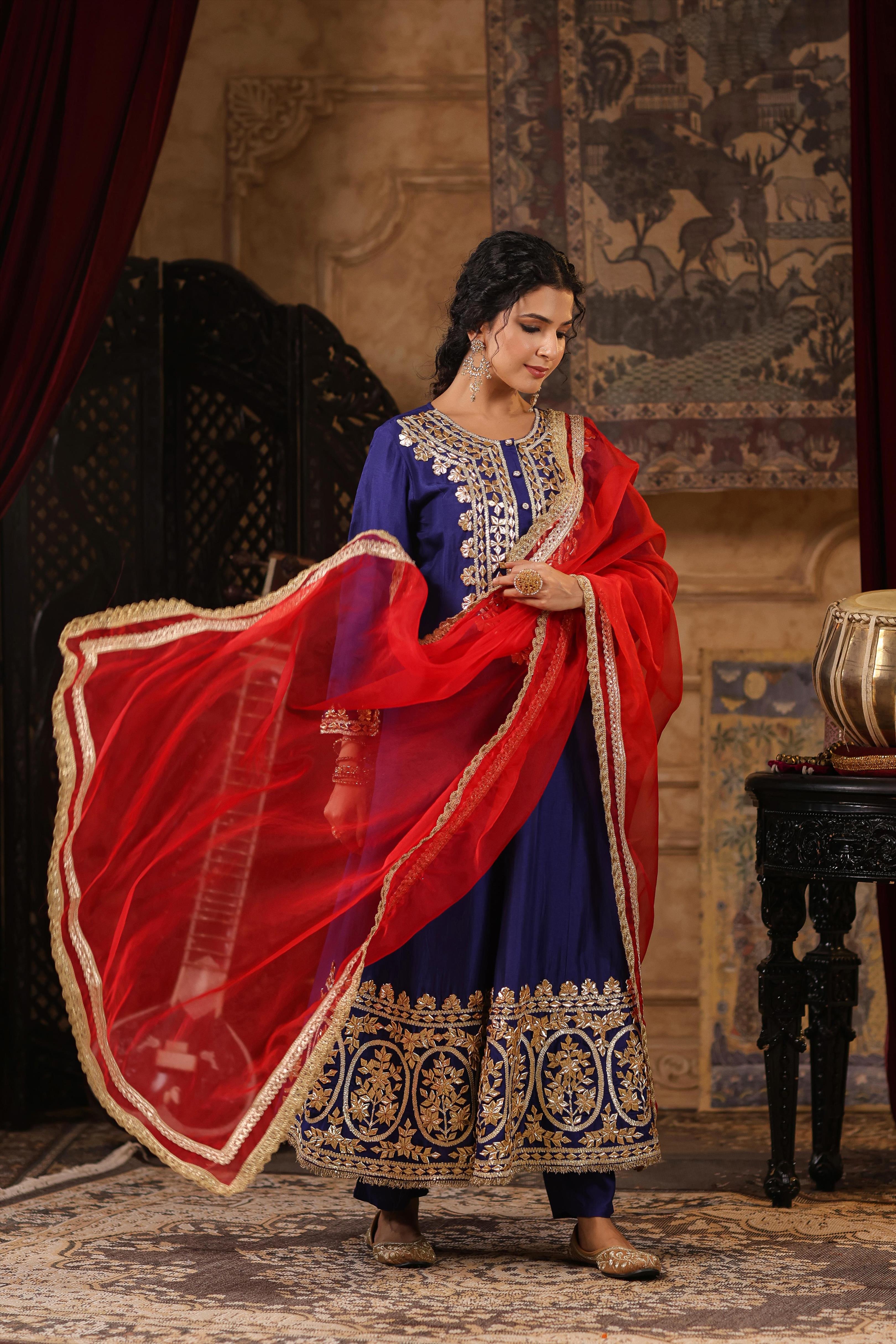 Navy Blue-Red Dupion Silk Gota Patti Work Anarkali Set