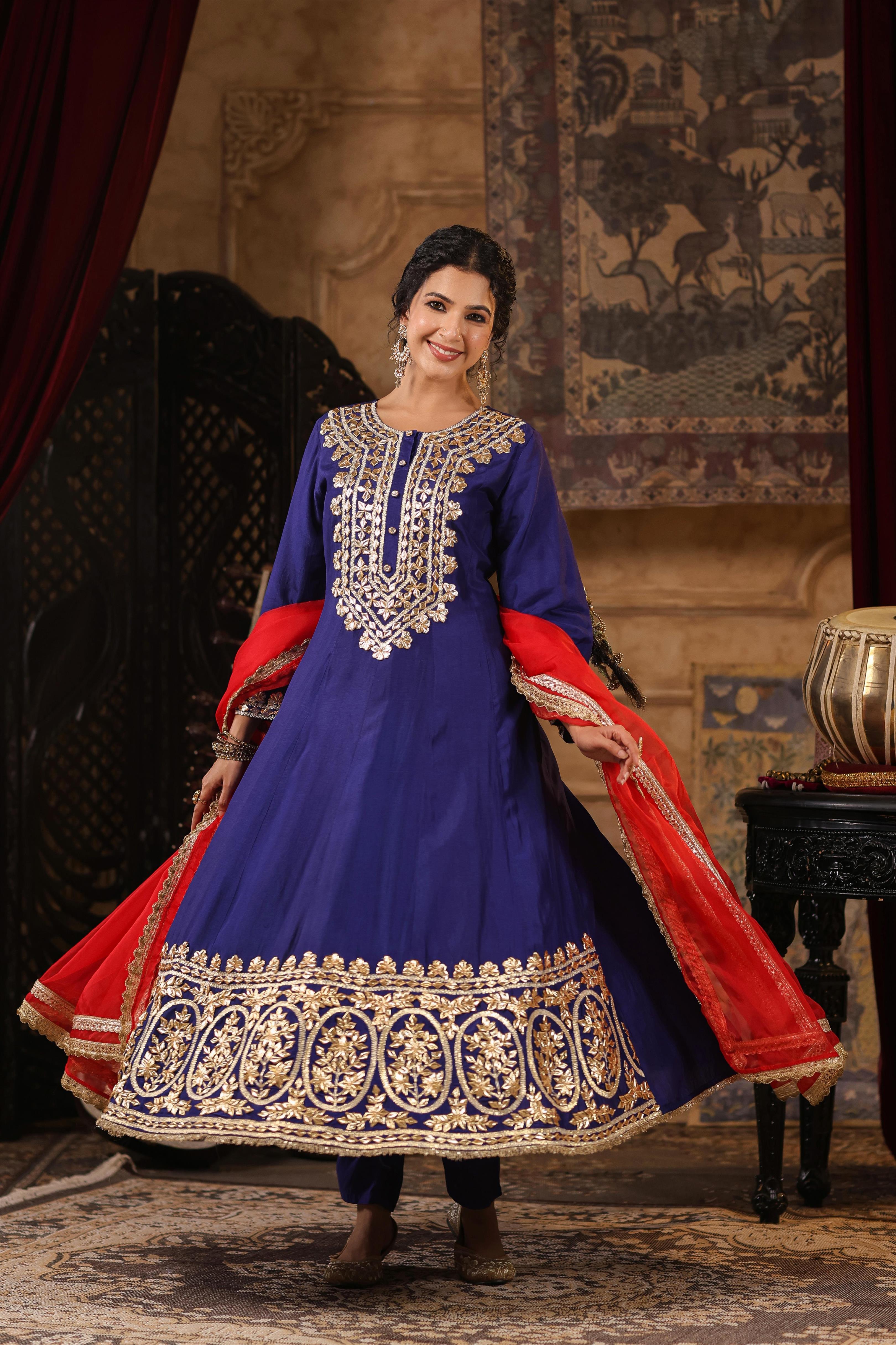 Navy Blue-Red Dupion Silk Gota Patti Work Anarkali Set