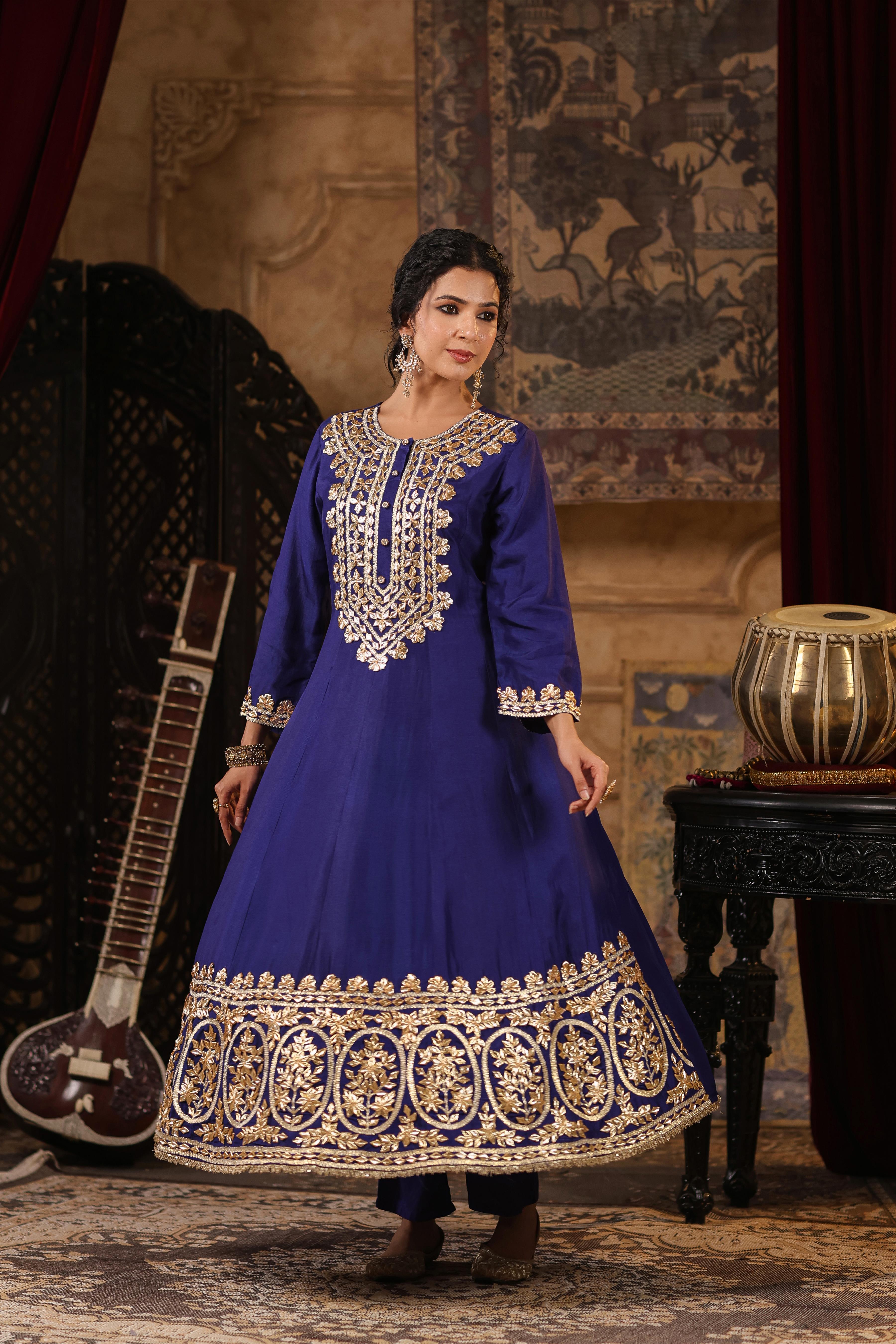 Navy Blue-Red Dupion Silk Gota Patti Work Anarkali Set