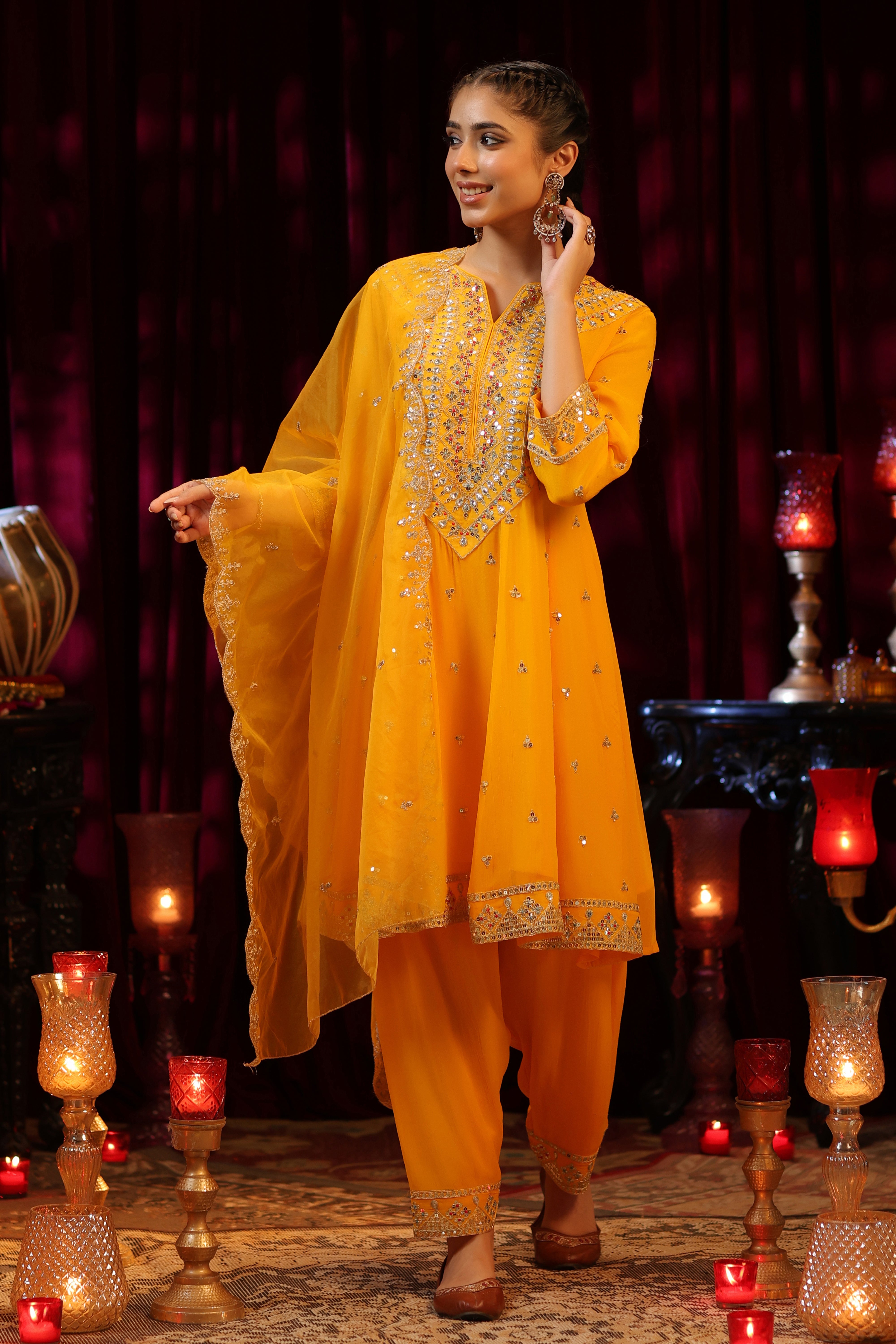 Yellow Georgette Dori-Sequin Work Anarkali Set