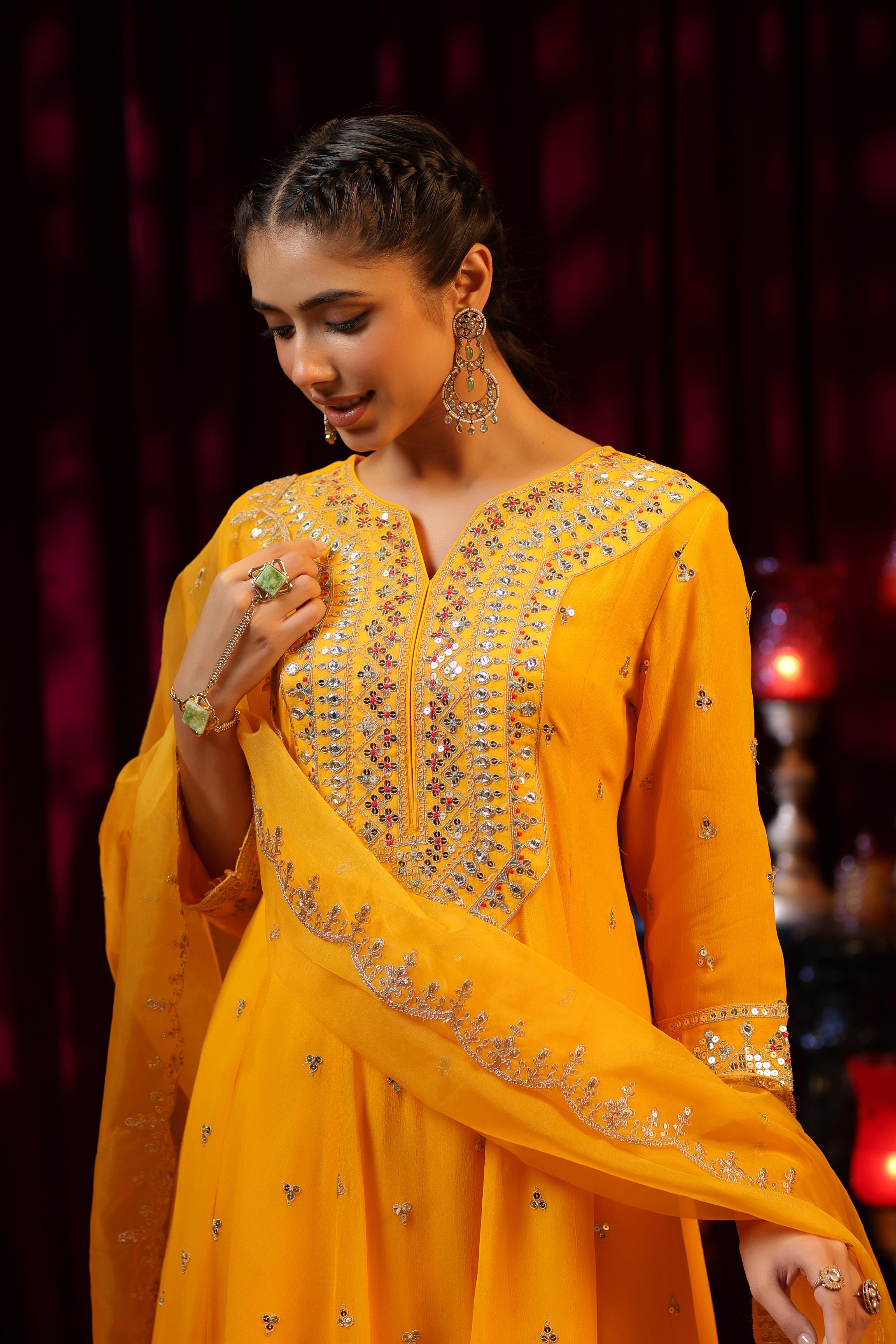 Yellow Georgette Dori-Sequin Work Anarkali Set