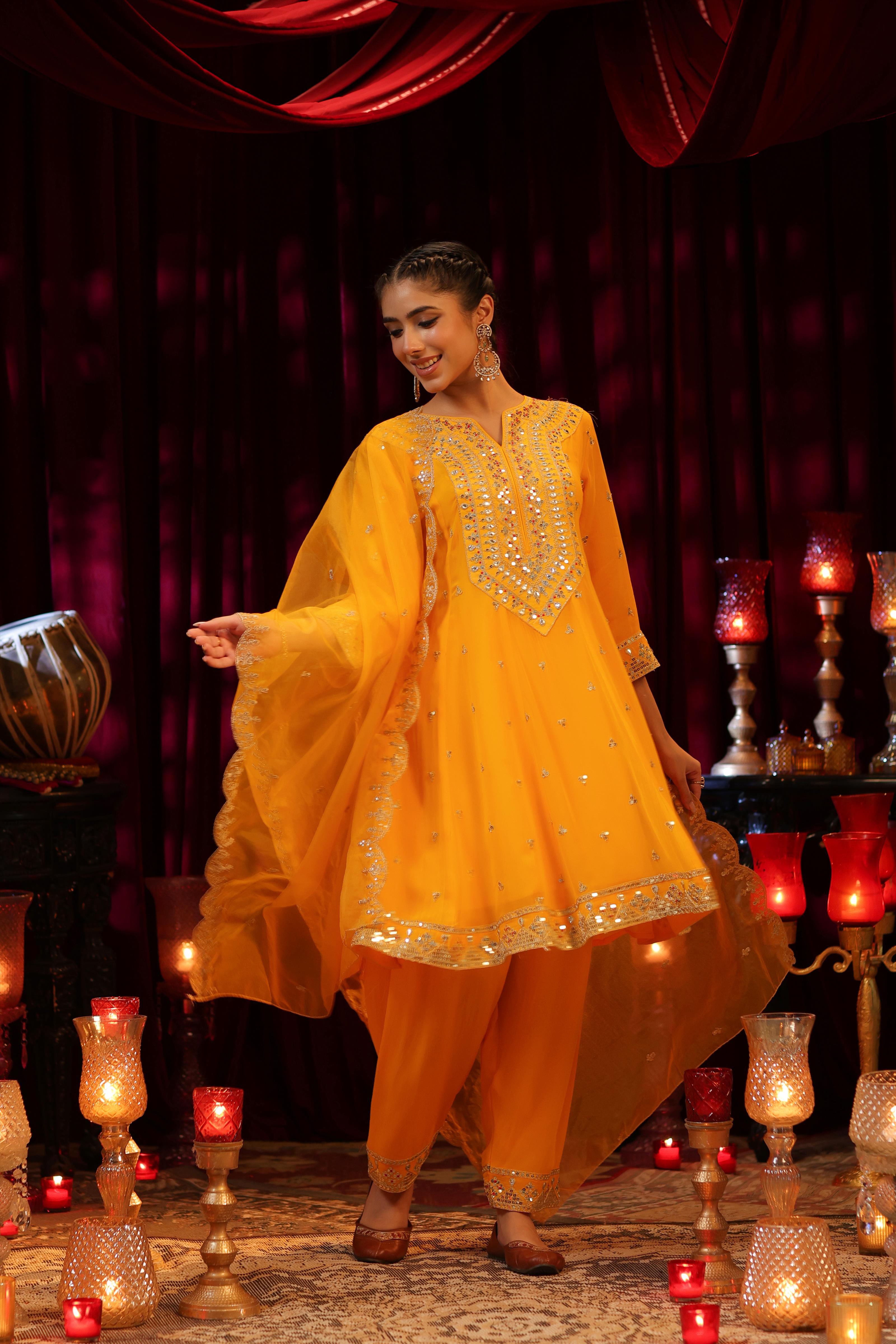 Yellow Georgette Dori-Sequin Work Anarkali Set