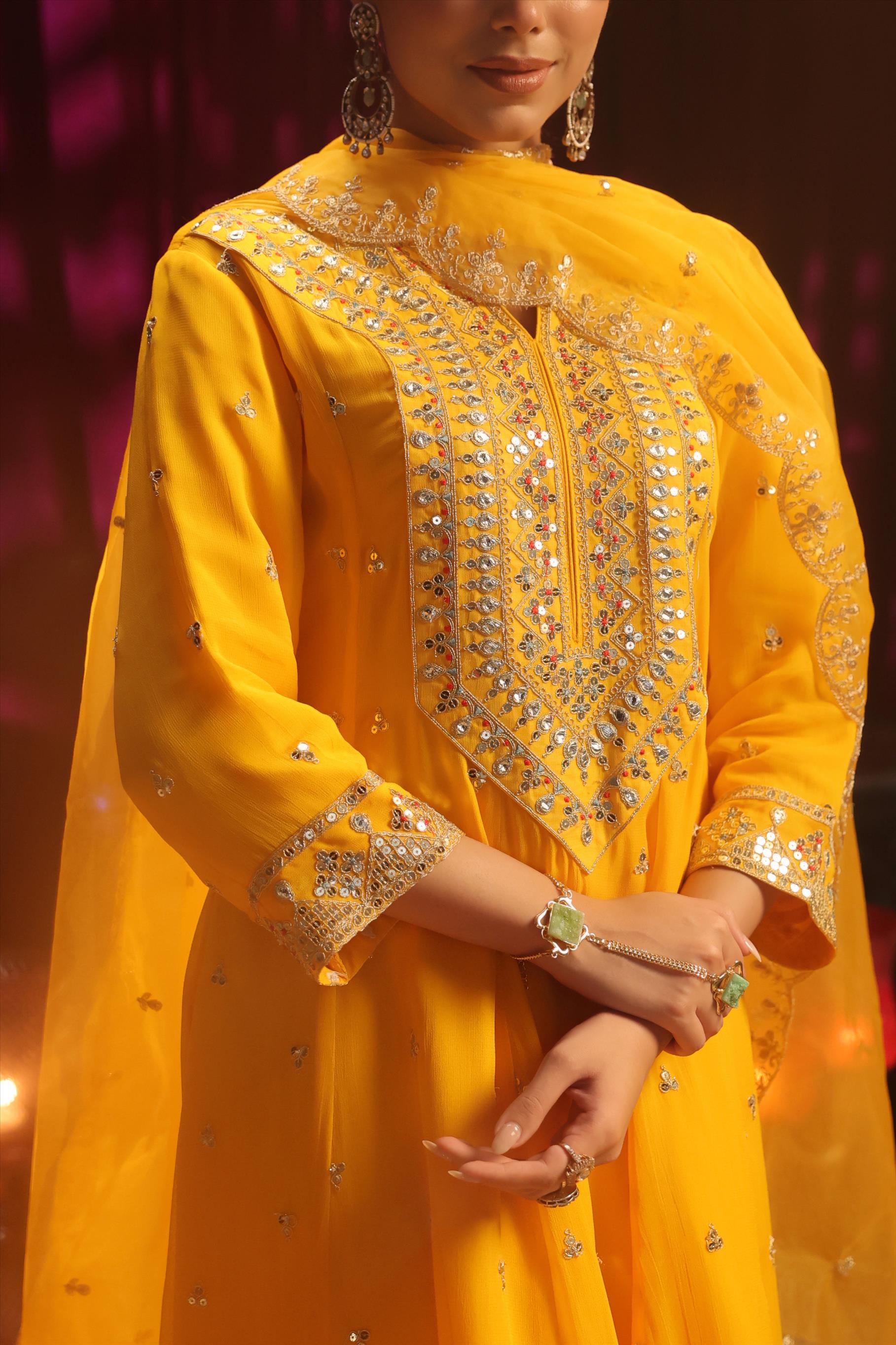 Yellow Georgette Dori-Sequin Work Anarkali Set