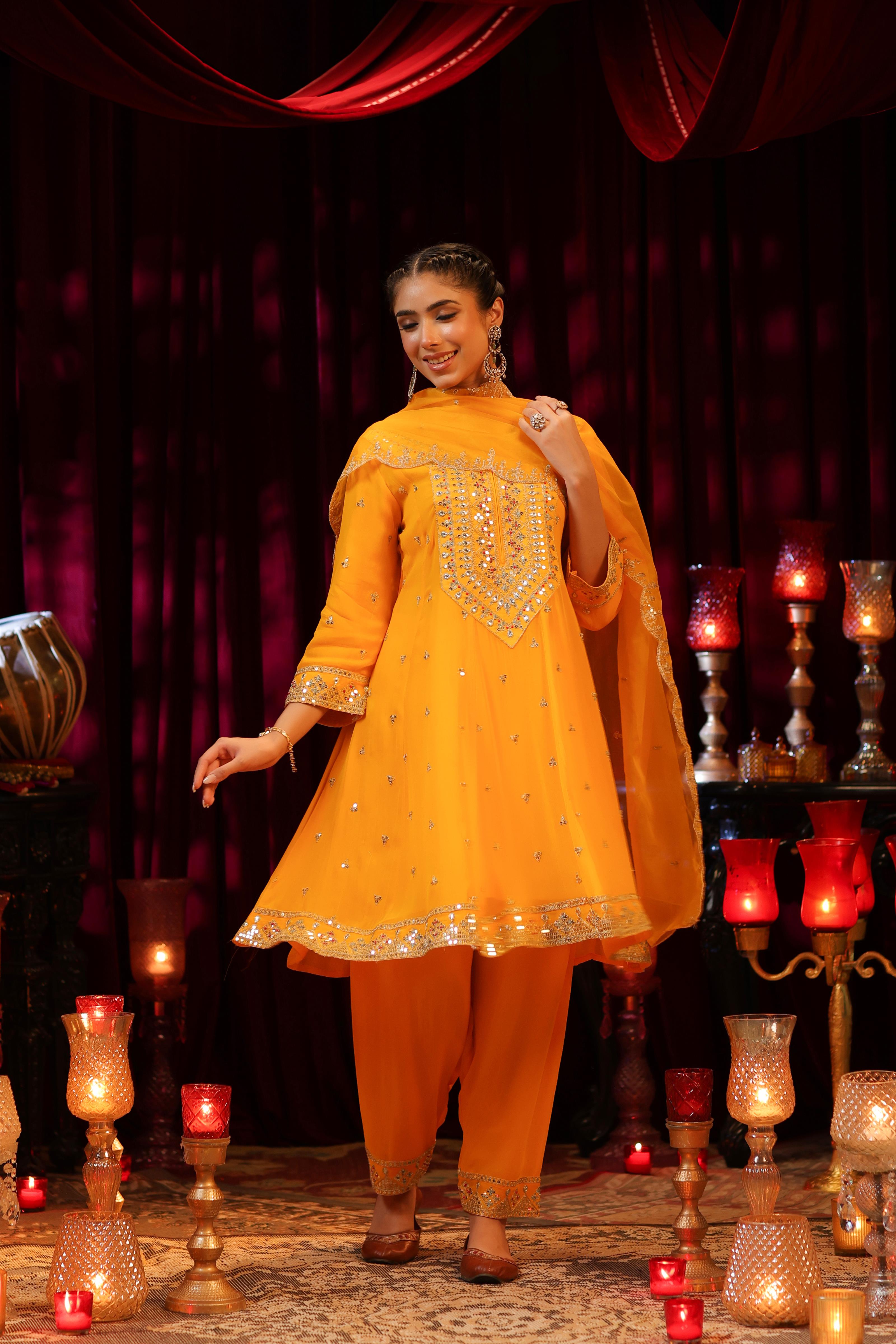 Yellow Georgette Dori-Sequin Work Anarkali Set