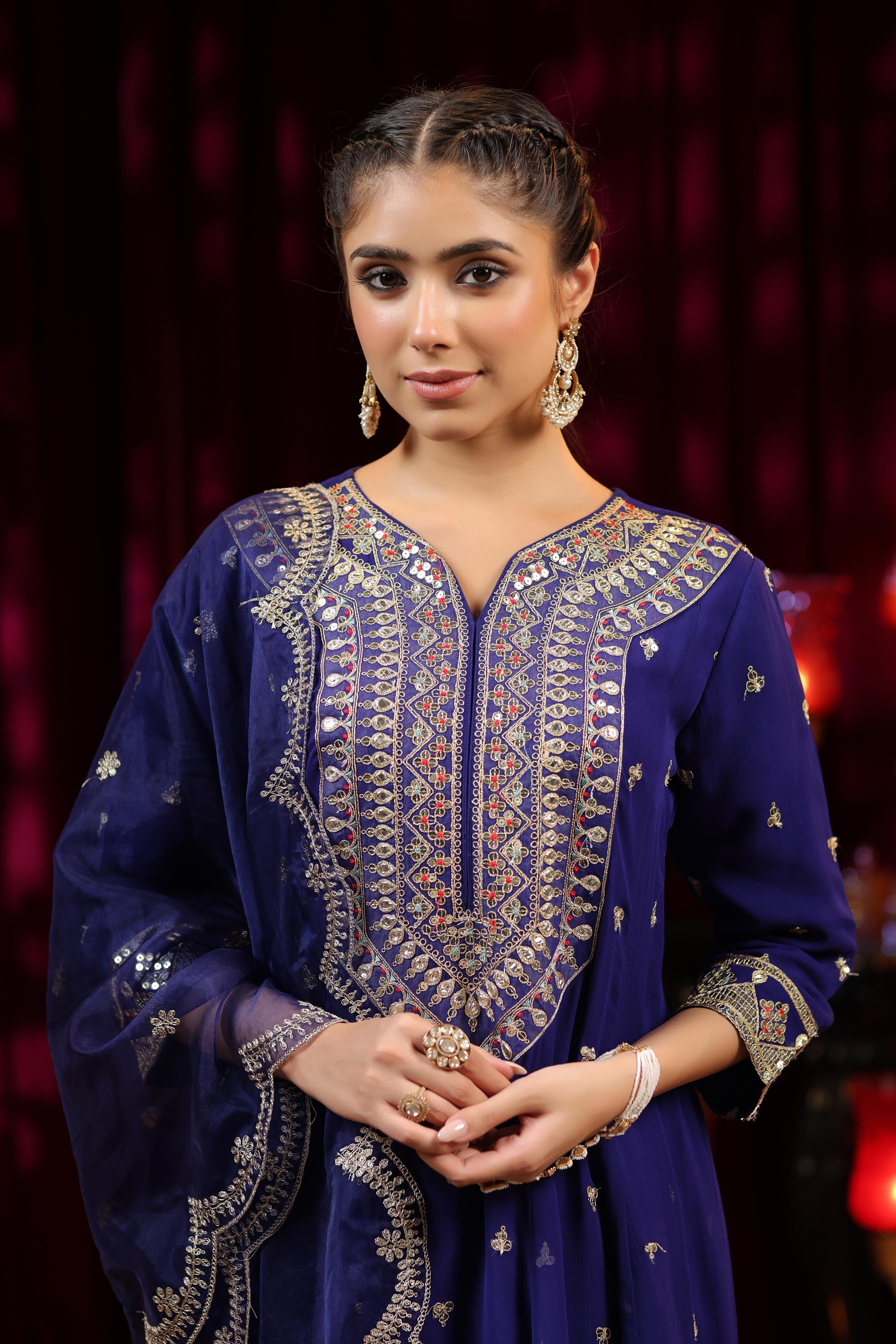 Navy Blue Georgette Dori-Sequin Work Anarkali Set