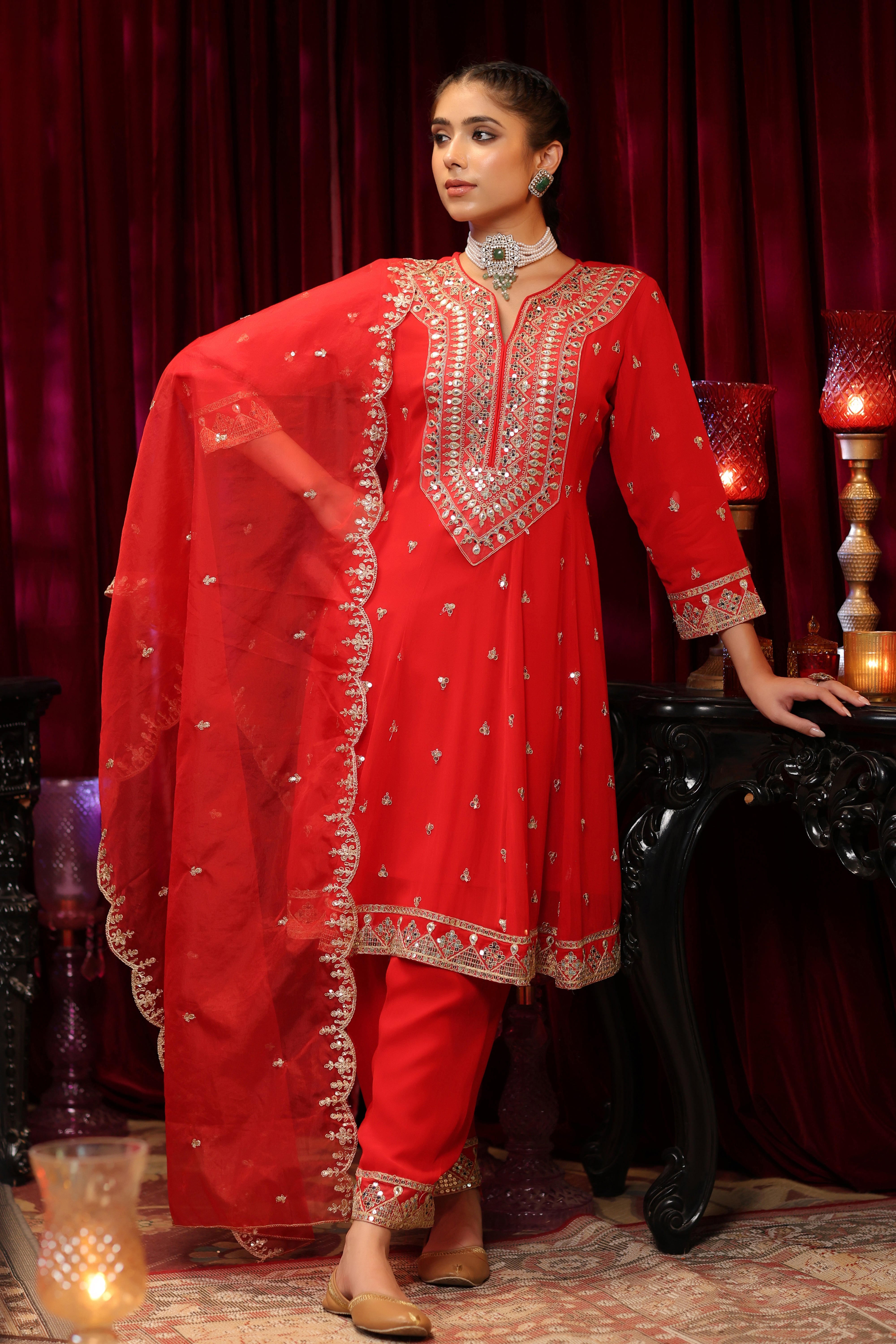 Red Georgette Dori-Sequin Work Anarkali Set