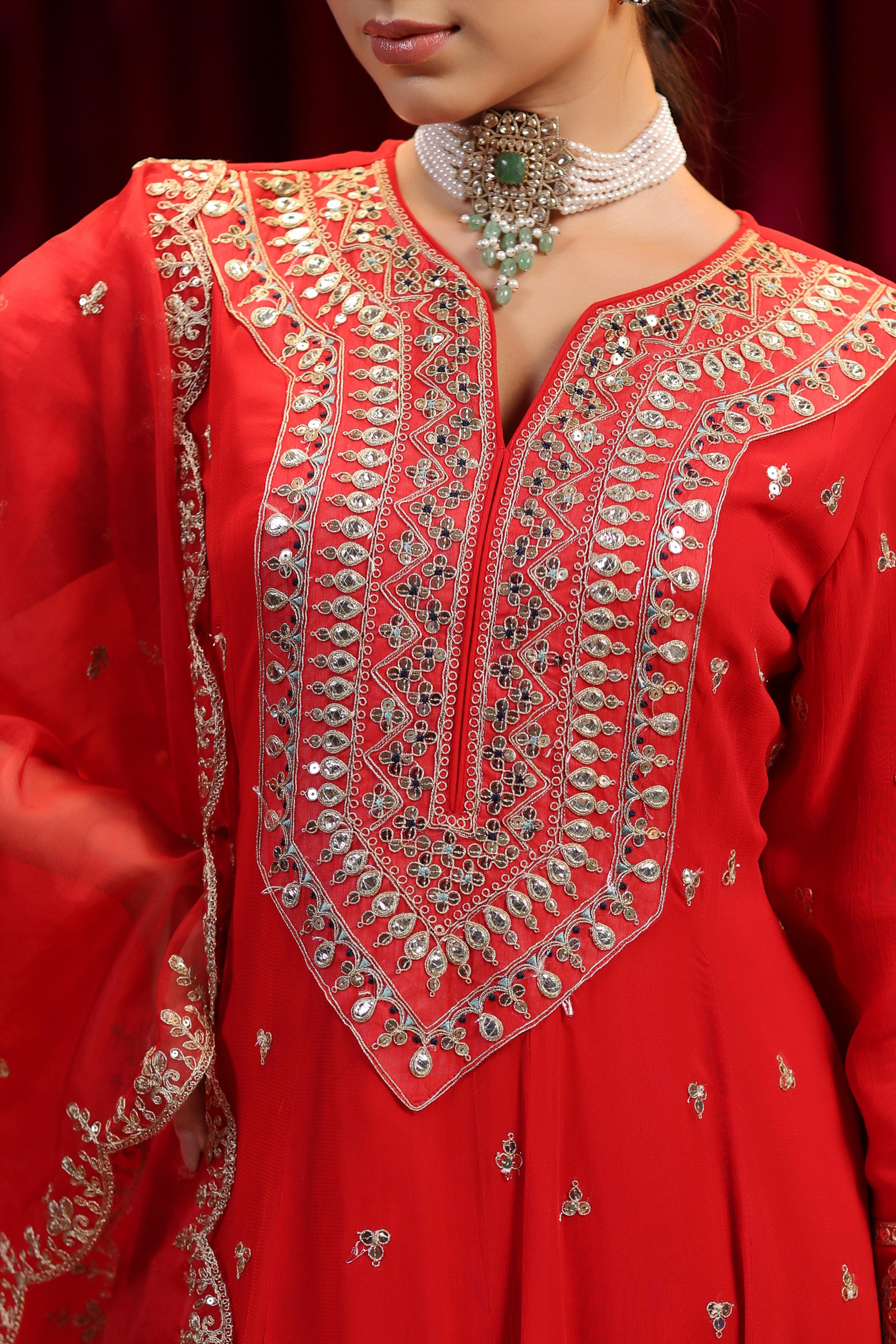 Red Georgette Dori-Sequin Work Anarkali Set