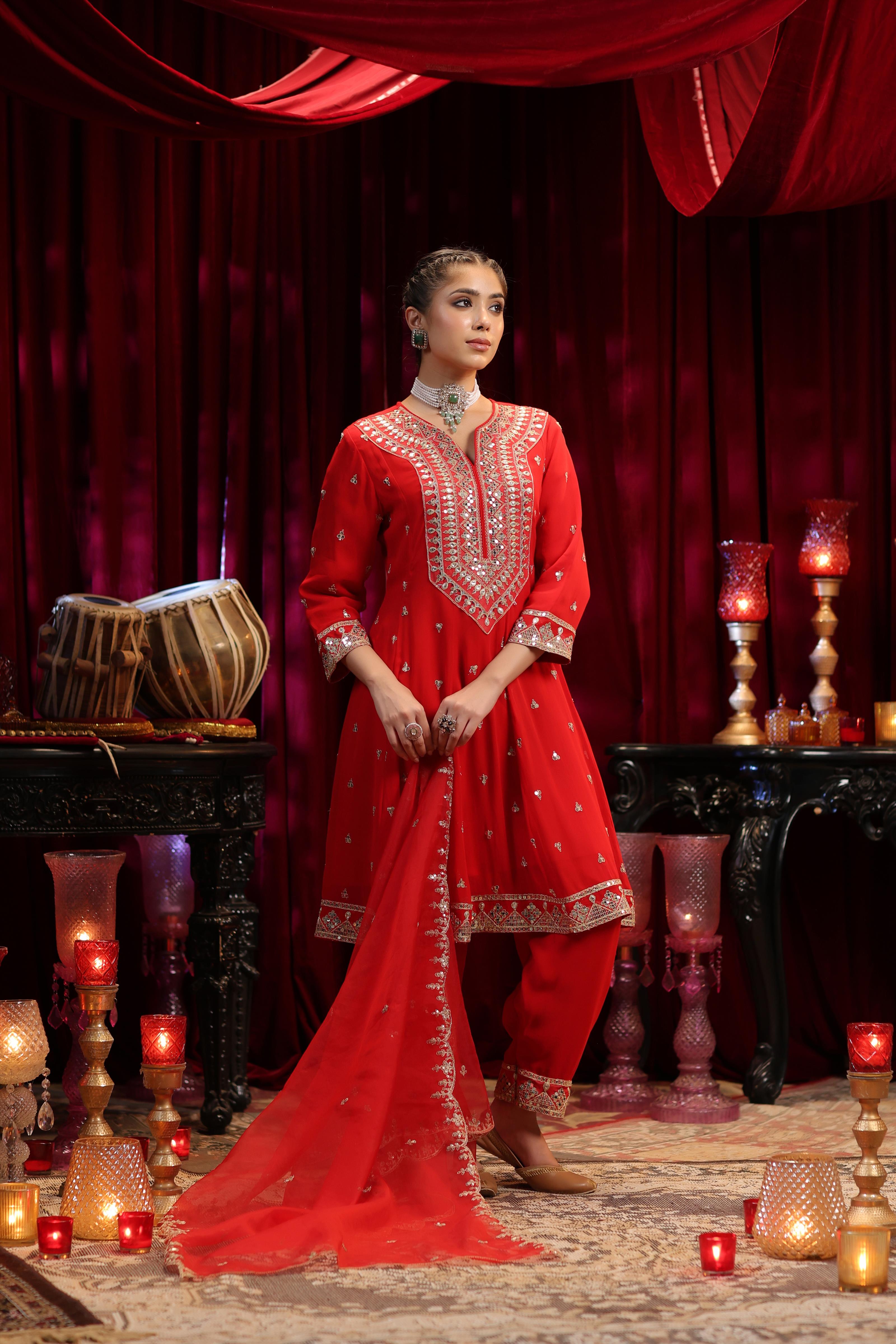 Red Georgette Dori-Sequin Work Anarkali Set