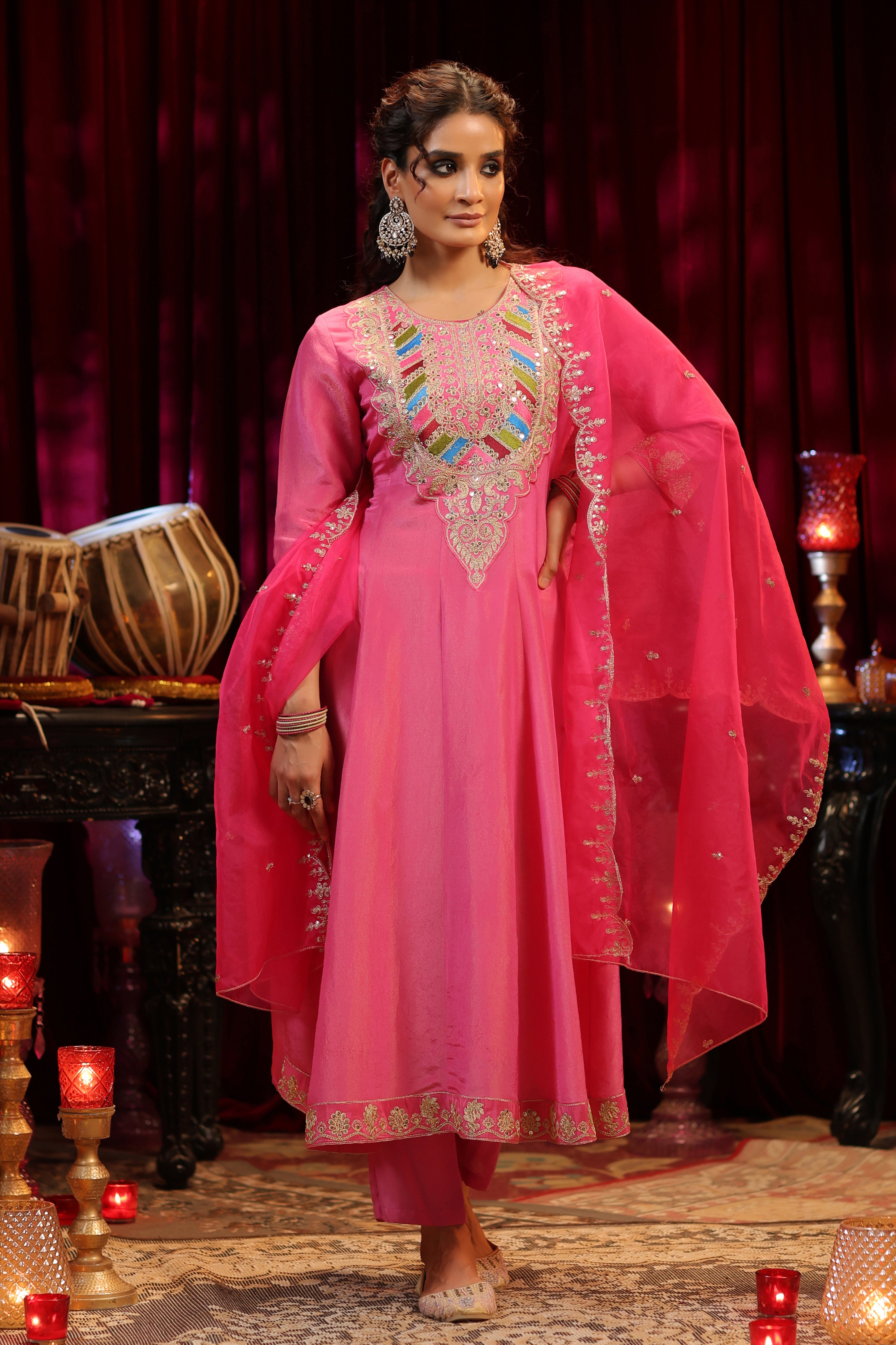 Fuchsia Shimmer Organza Dori-Sequin Work Anarkali Set