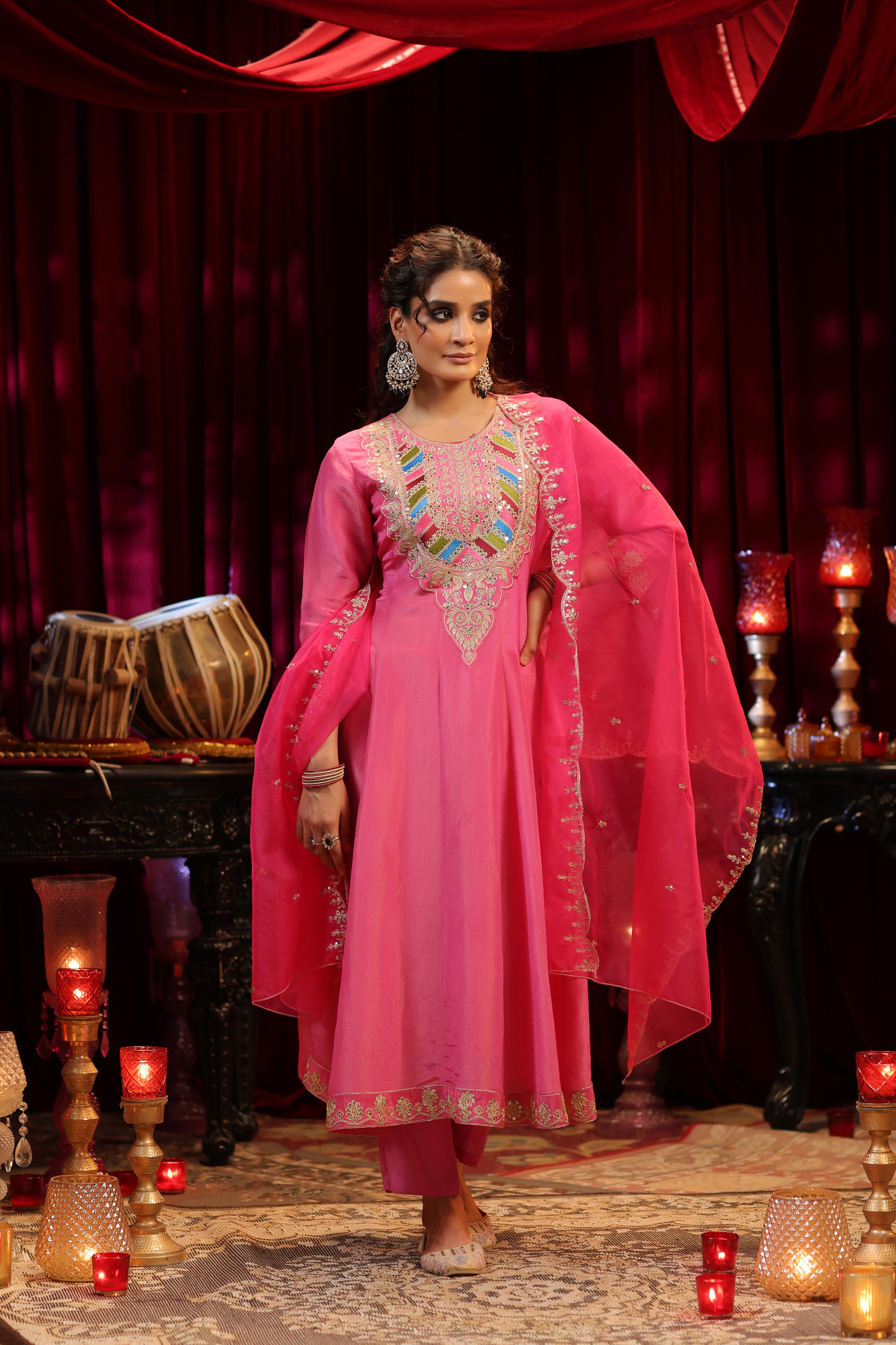 Fuchsia Shimmer Organza Dori-Sequin Work Anarkali Set