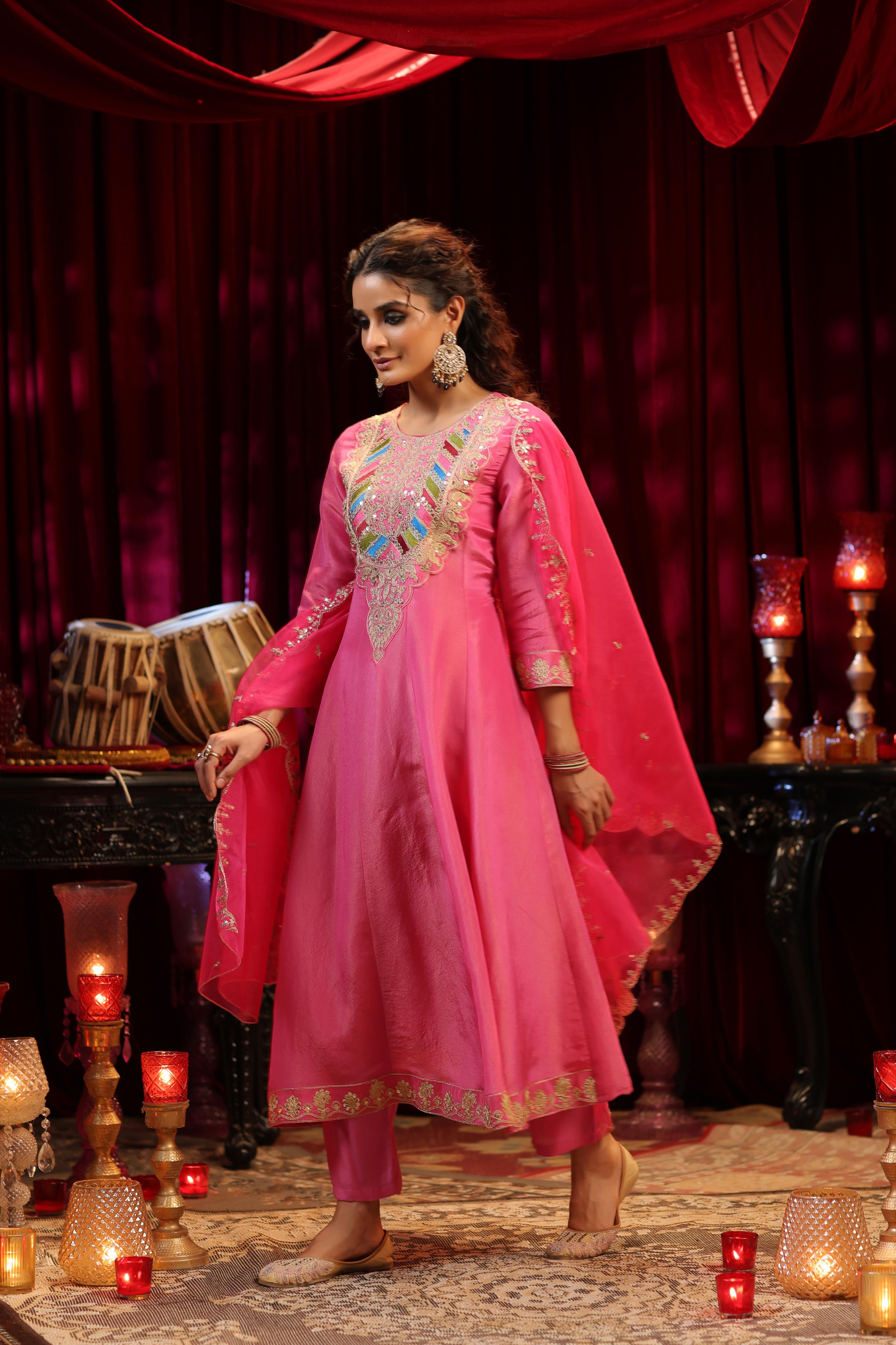 Fuchsia Shimmer Organza Dori-Sequin Work Anarkali Set