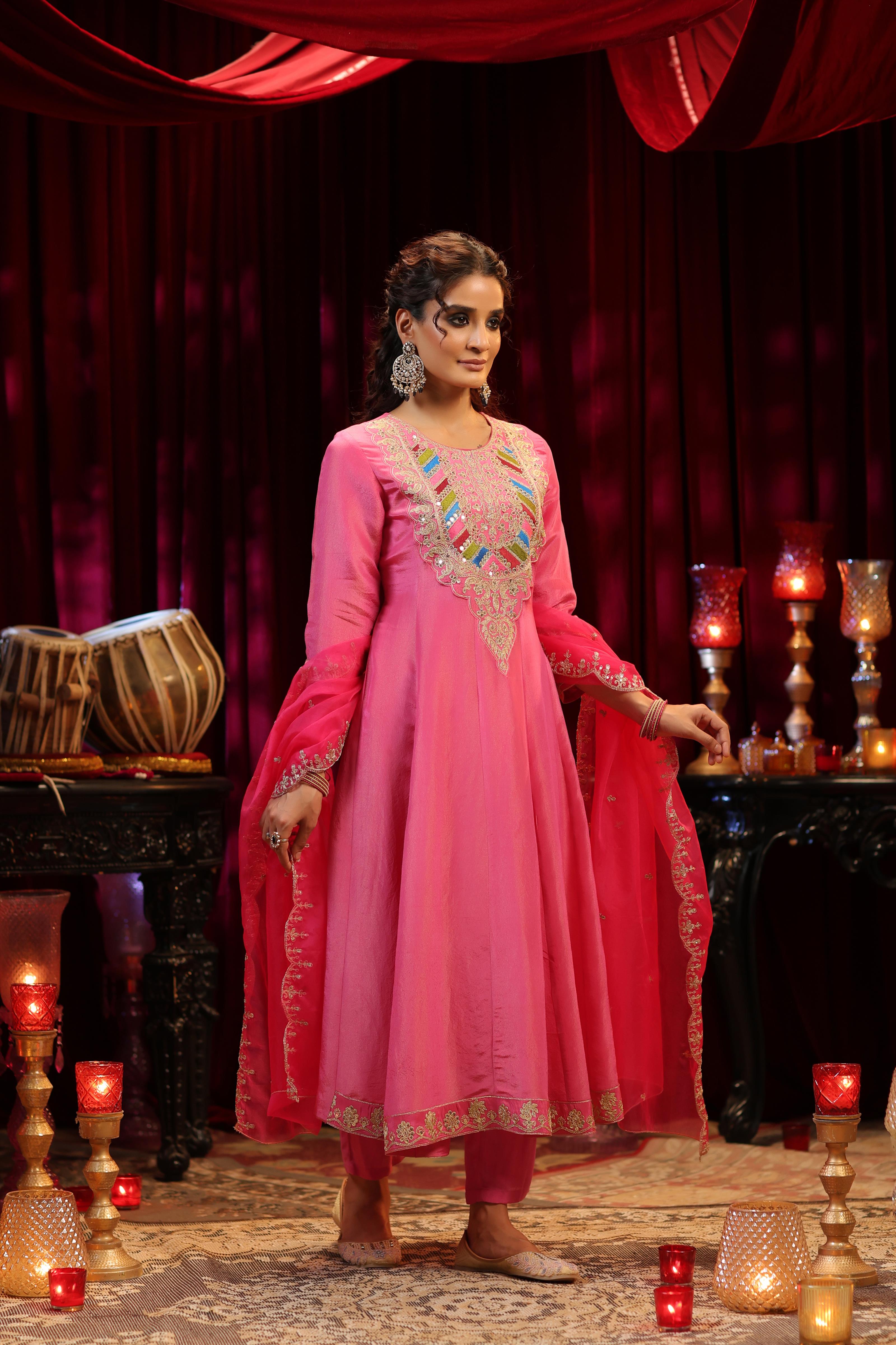 Fuchsia Shimmer Organza Dori-Sequin Work Anarkali Set