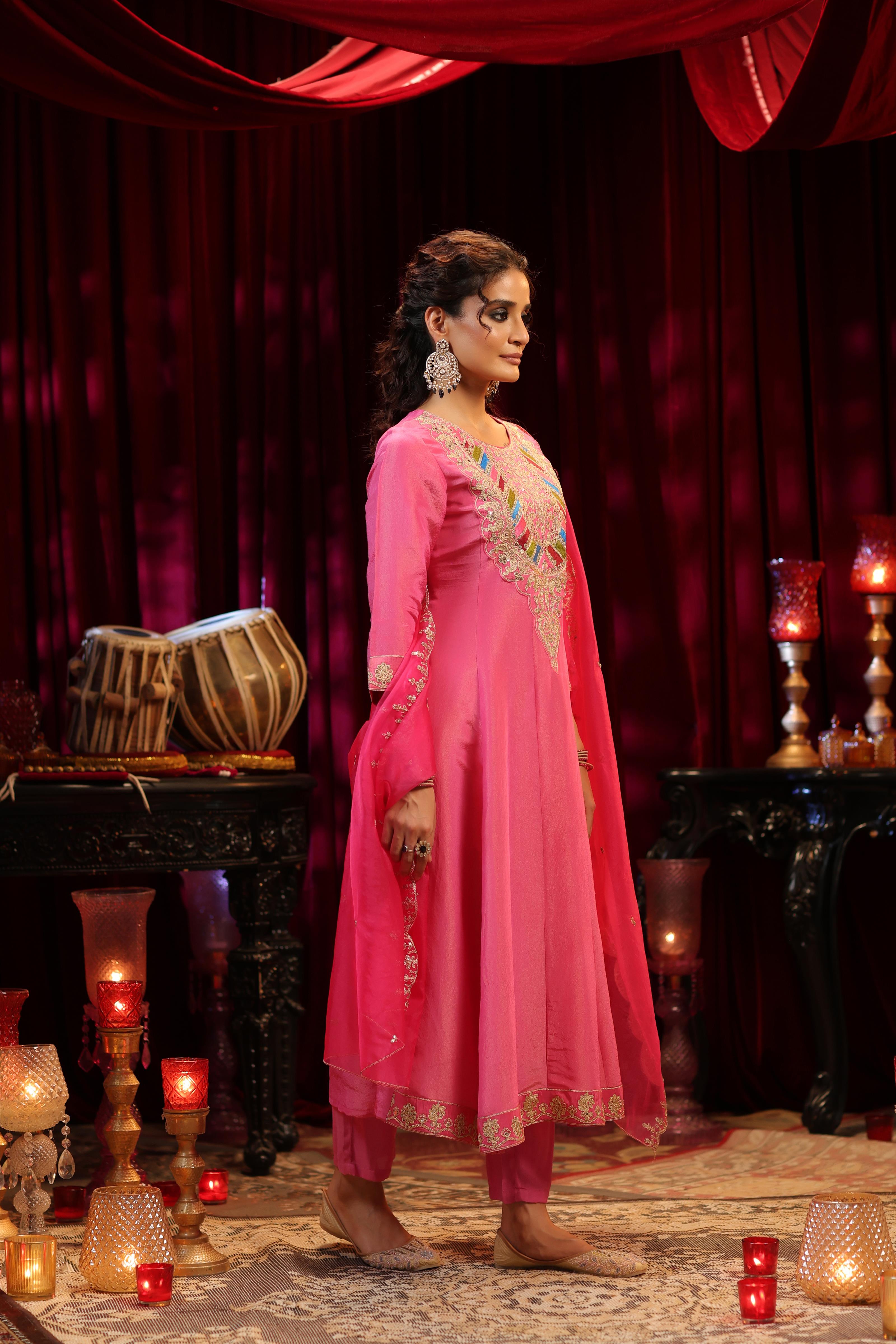 Fuchsia Shimmer Organza Dori-Sequin Work Anarkali Set