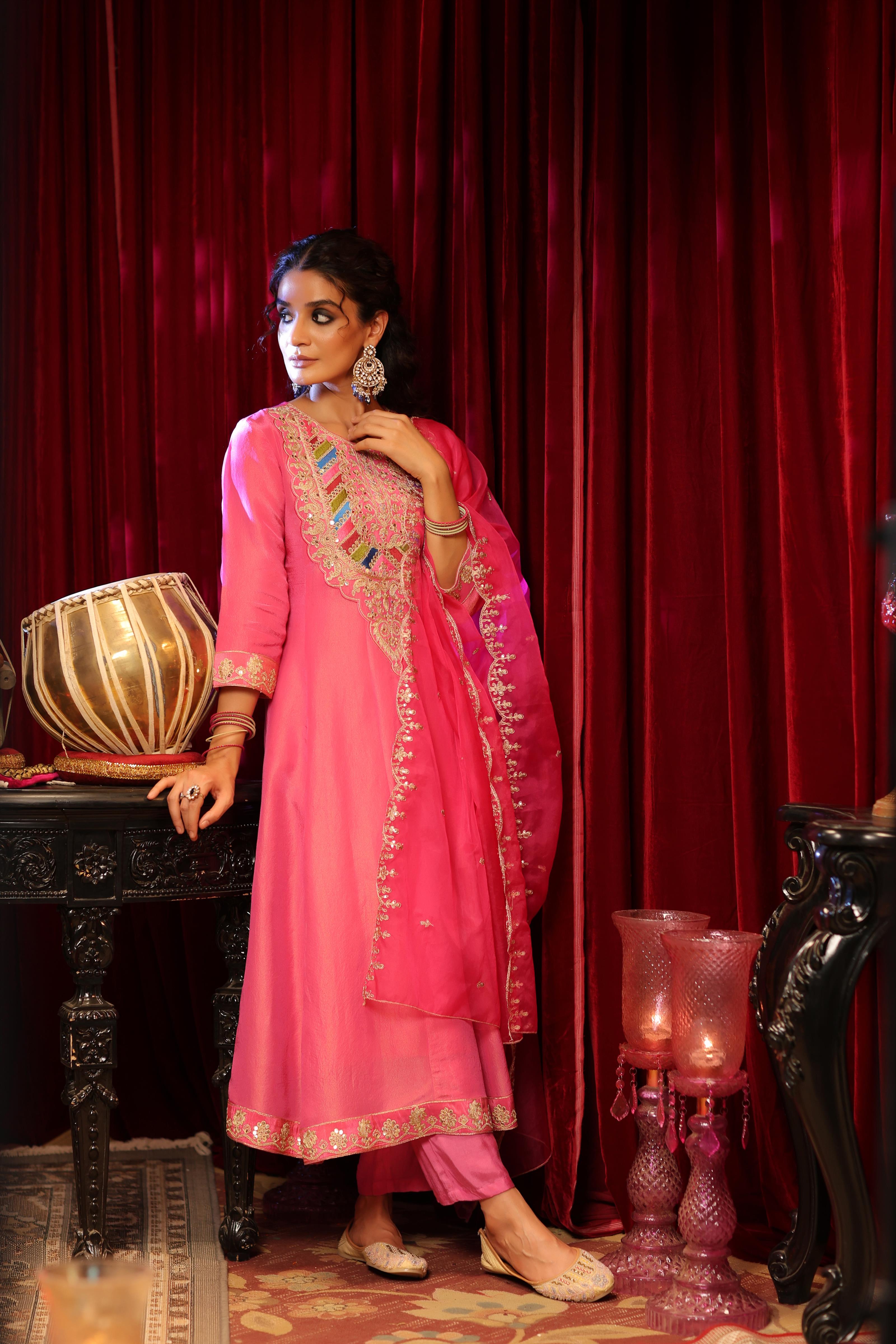 Fuchsia Shimmer Organza Dori-Sequin Work Anarkali Set