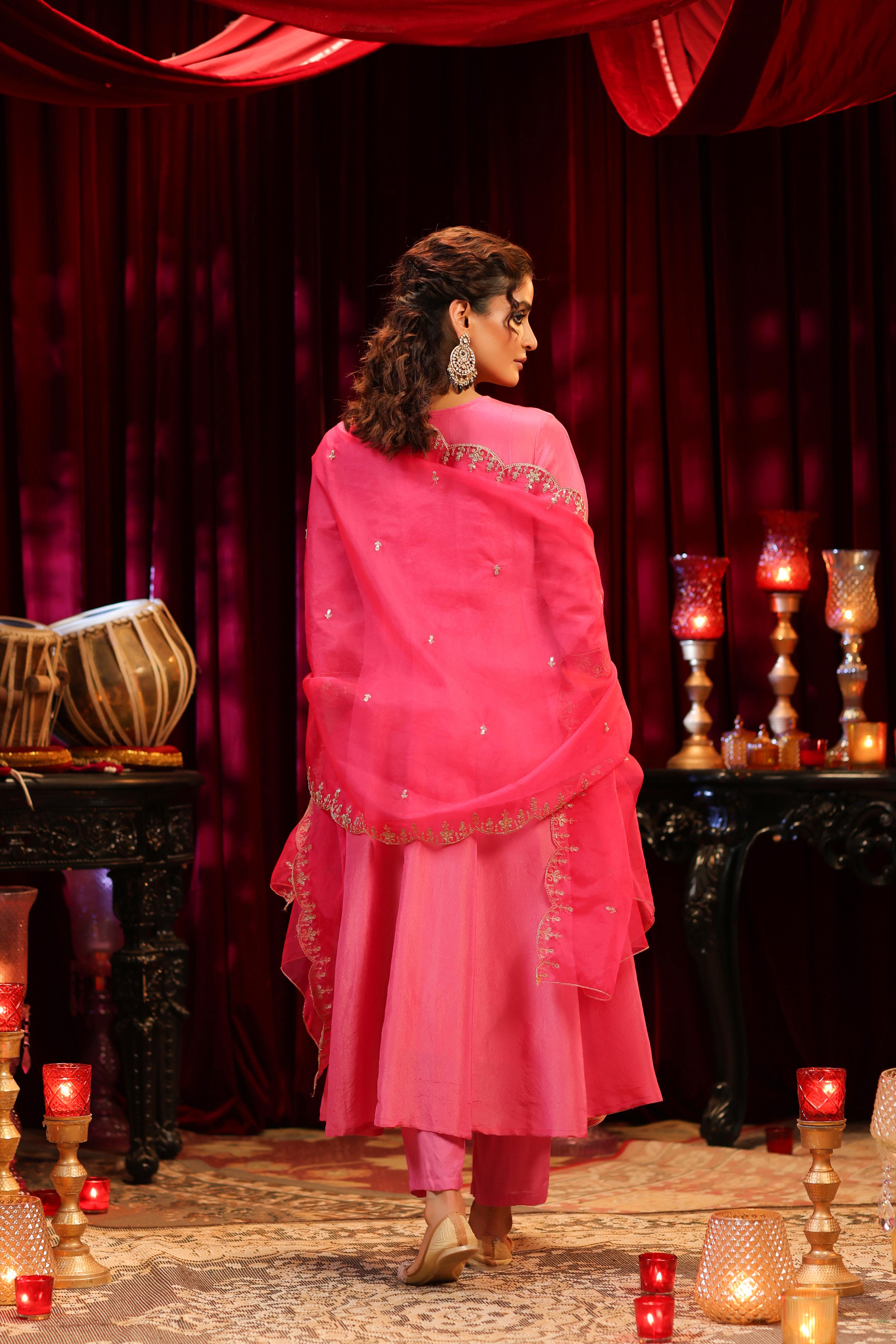 Fuchsia Shimmer Organza Dori-Sequin Work Anarkali Set