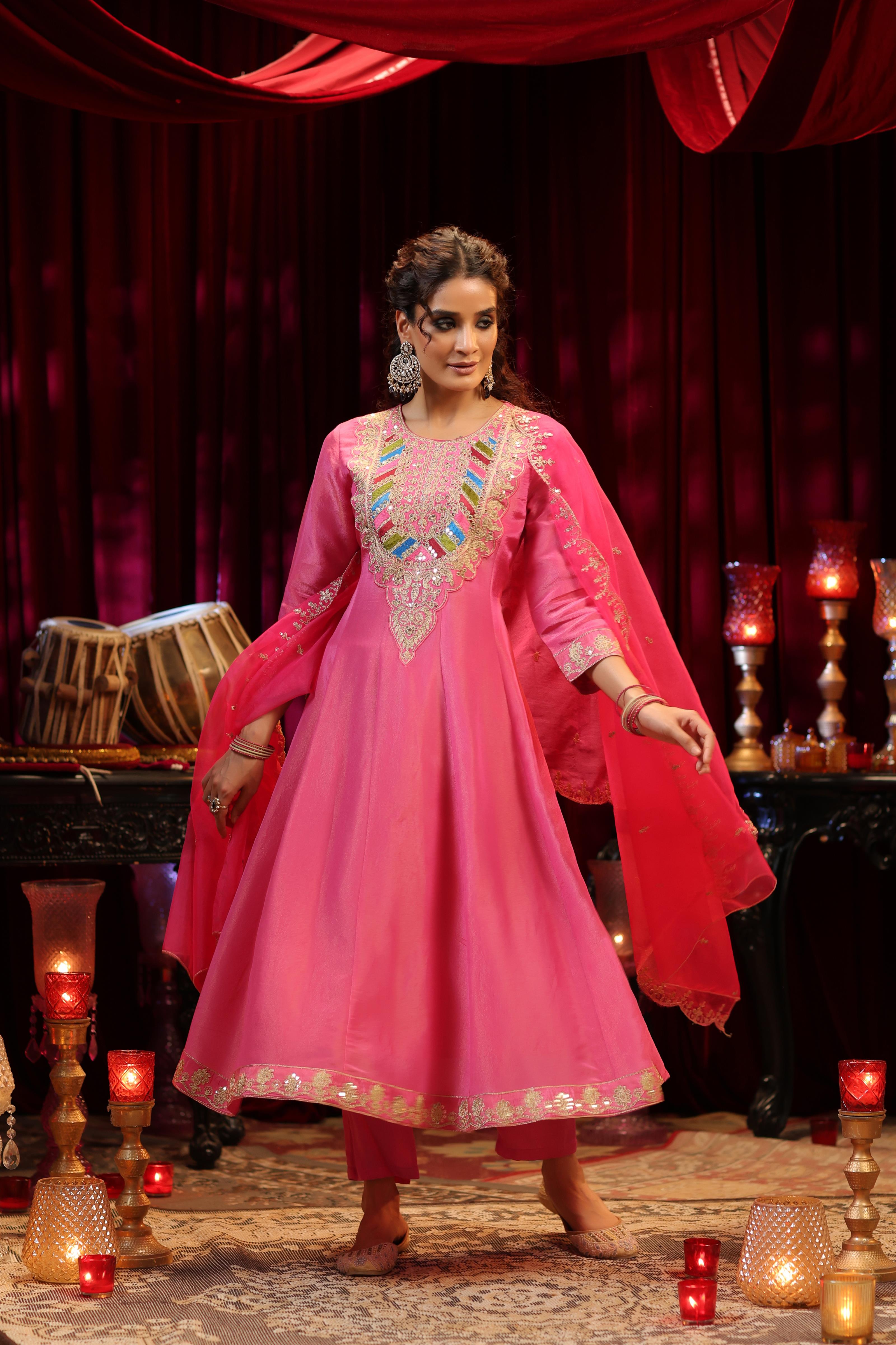 Fuchsia Shimmer Organza Dori-Sequin Work Anarkali Set