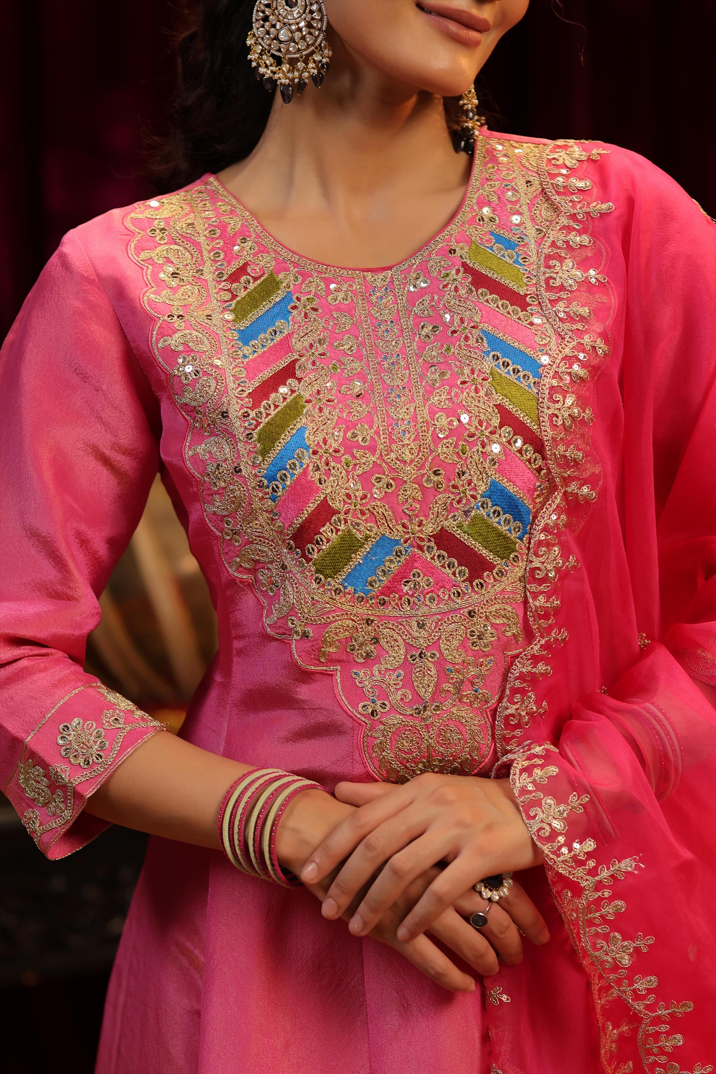 Fuchsia Shimmer Organza Dori-Sequin Work Anarkali Set