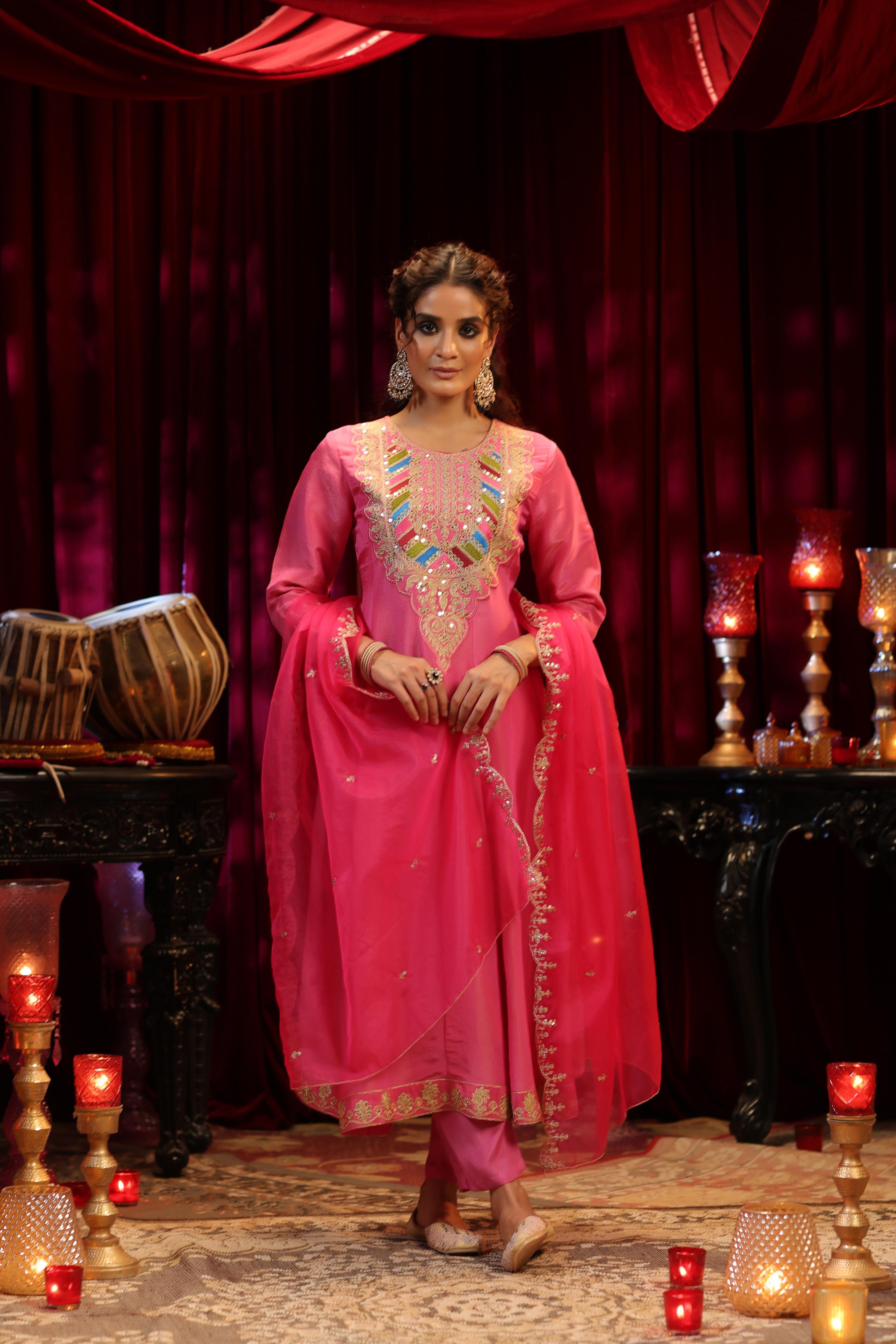 Fuchsia Shimmer Organza Dori-Sequin Work Anarkali Set