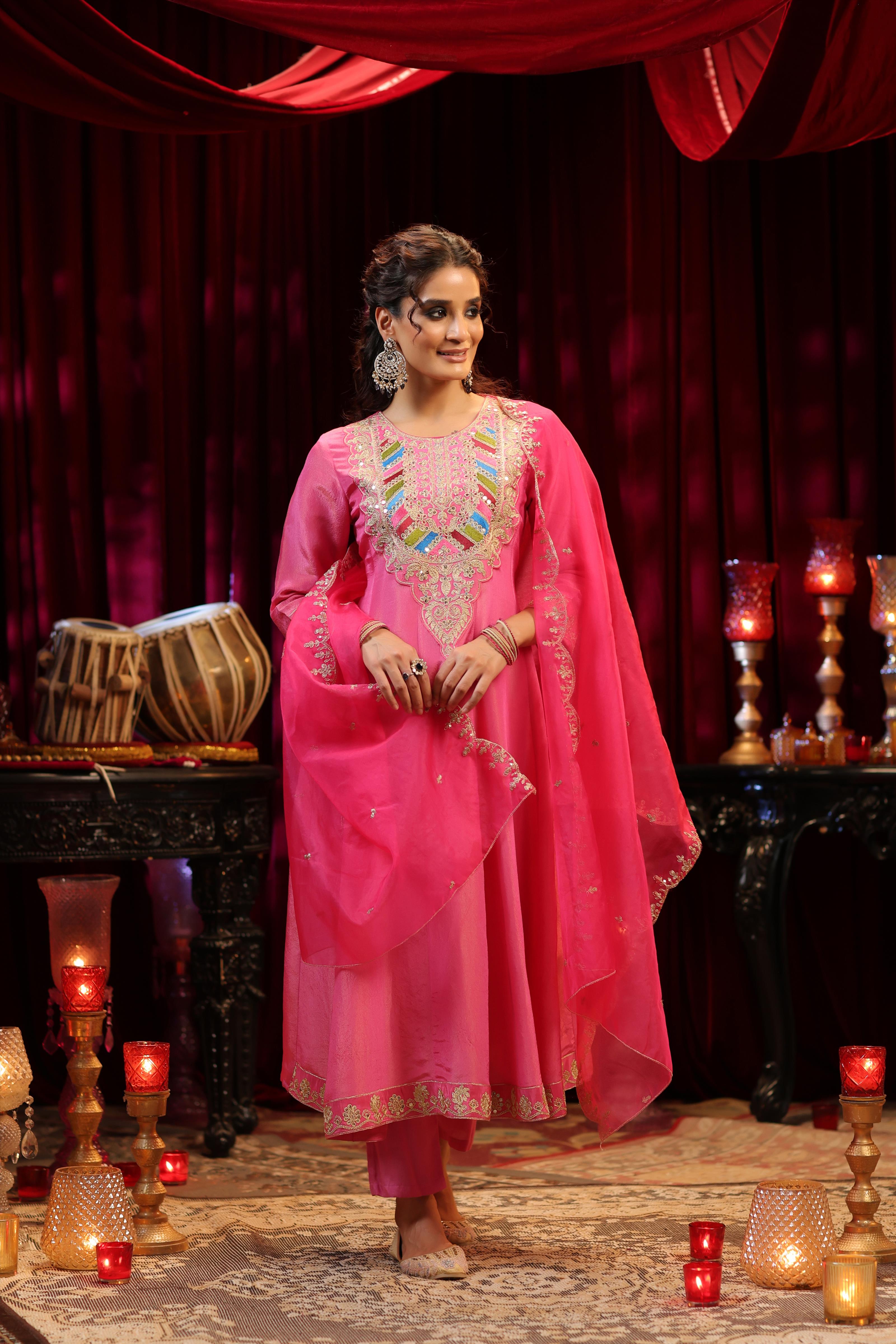 Fuchsia Shimmer Organza Dori-Sequin Work Anarkali Set