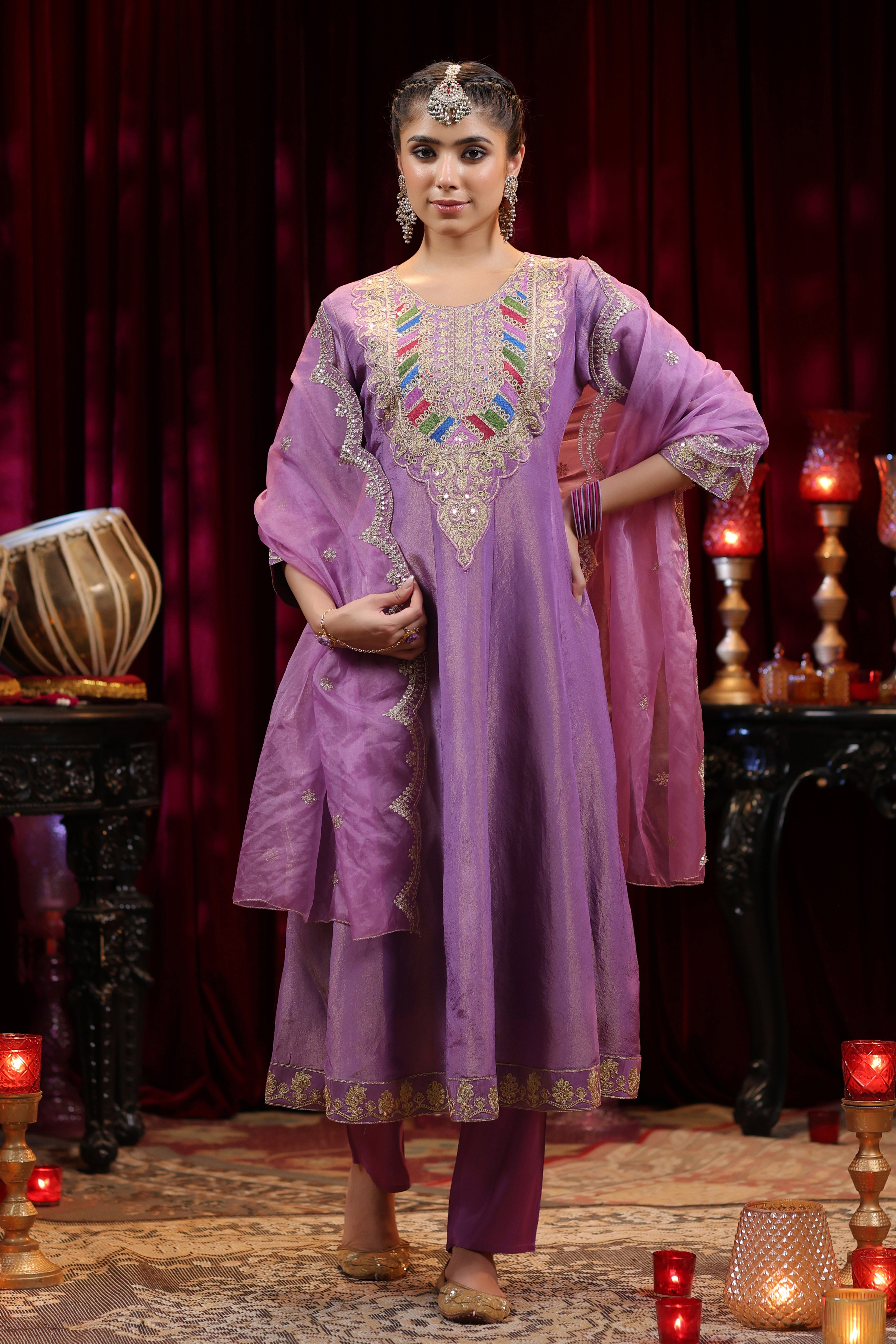 Purple Shimmer Organza Dori-Sequin Work Anarkali Set