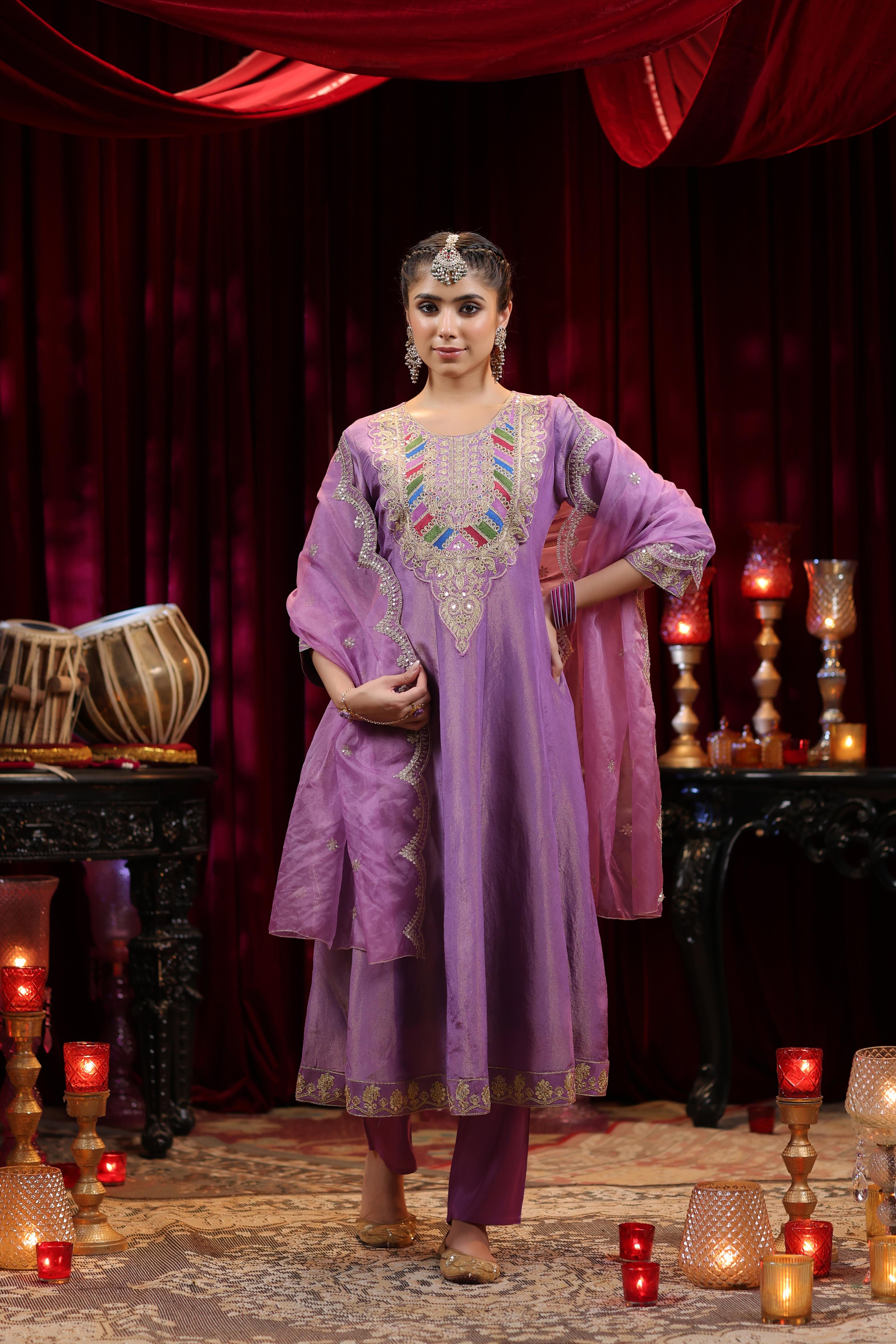 Purple Shimmer Organza Dori-Sequin Work Anarkali Set