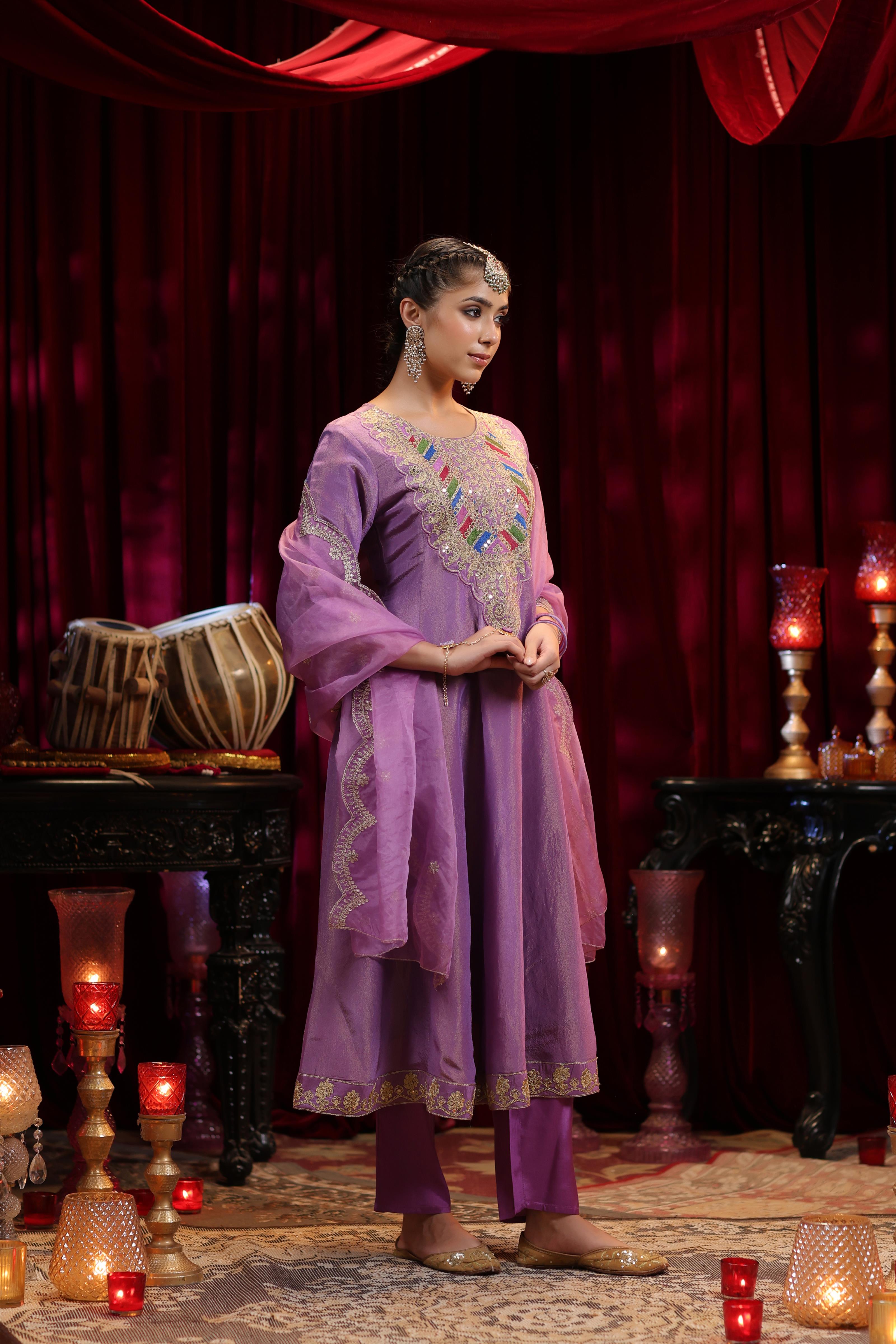 Purple Shimmer Organza Dori-Sequin Work Anarkali Set