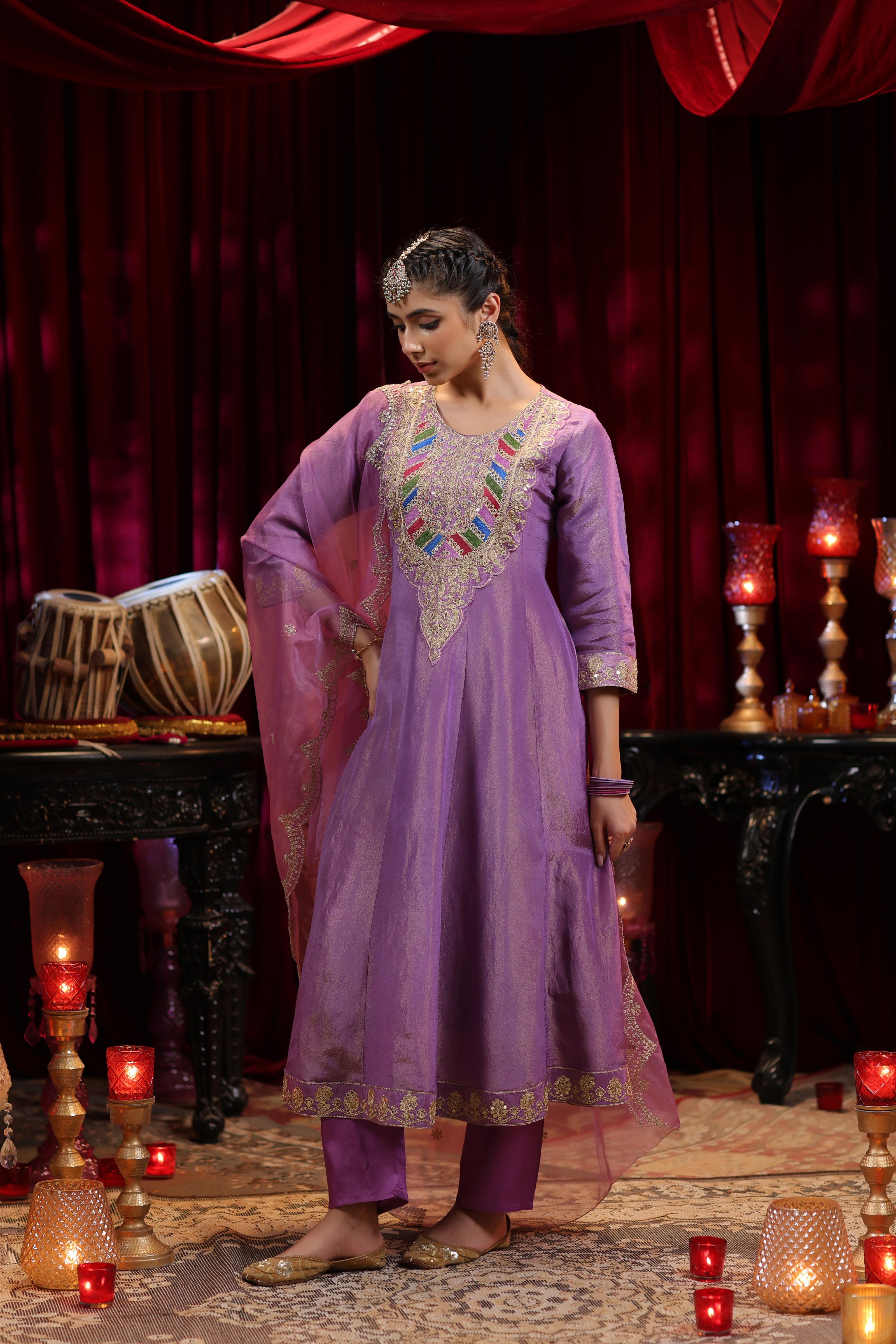 Purple Shimmer Organza Dori-Sequin Work Anarkali Set