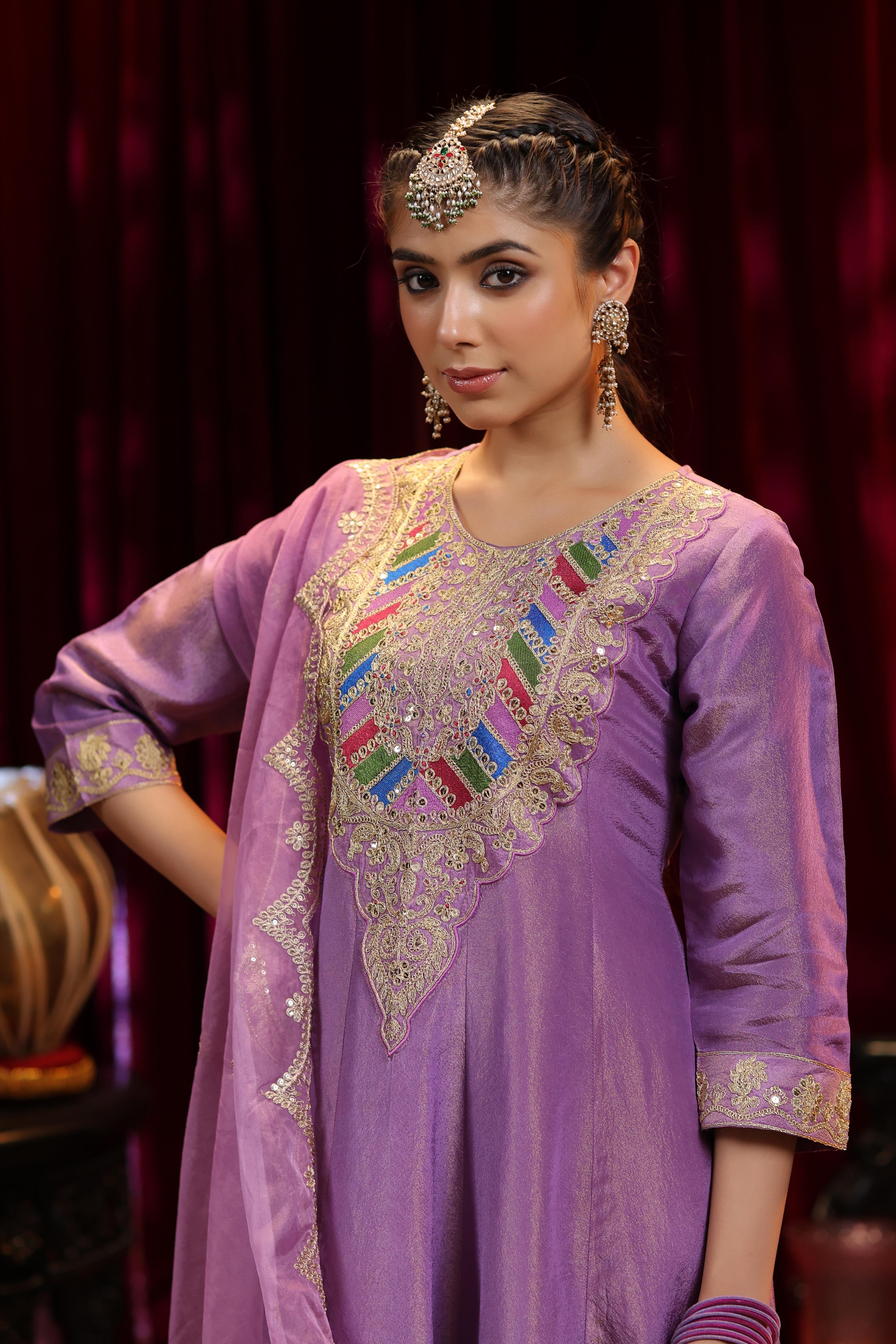 Purple Shimmer Organza Dori-Sequin Work Anarkali Set