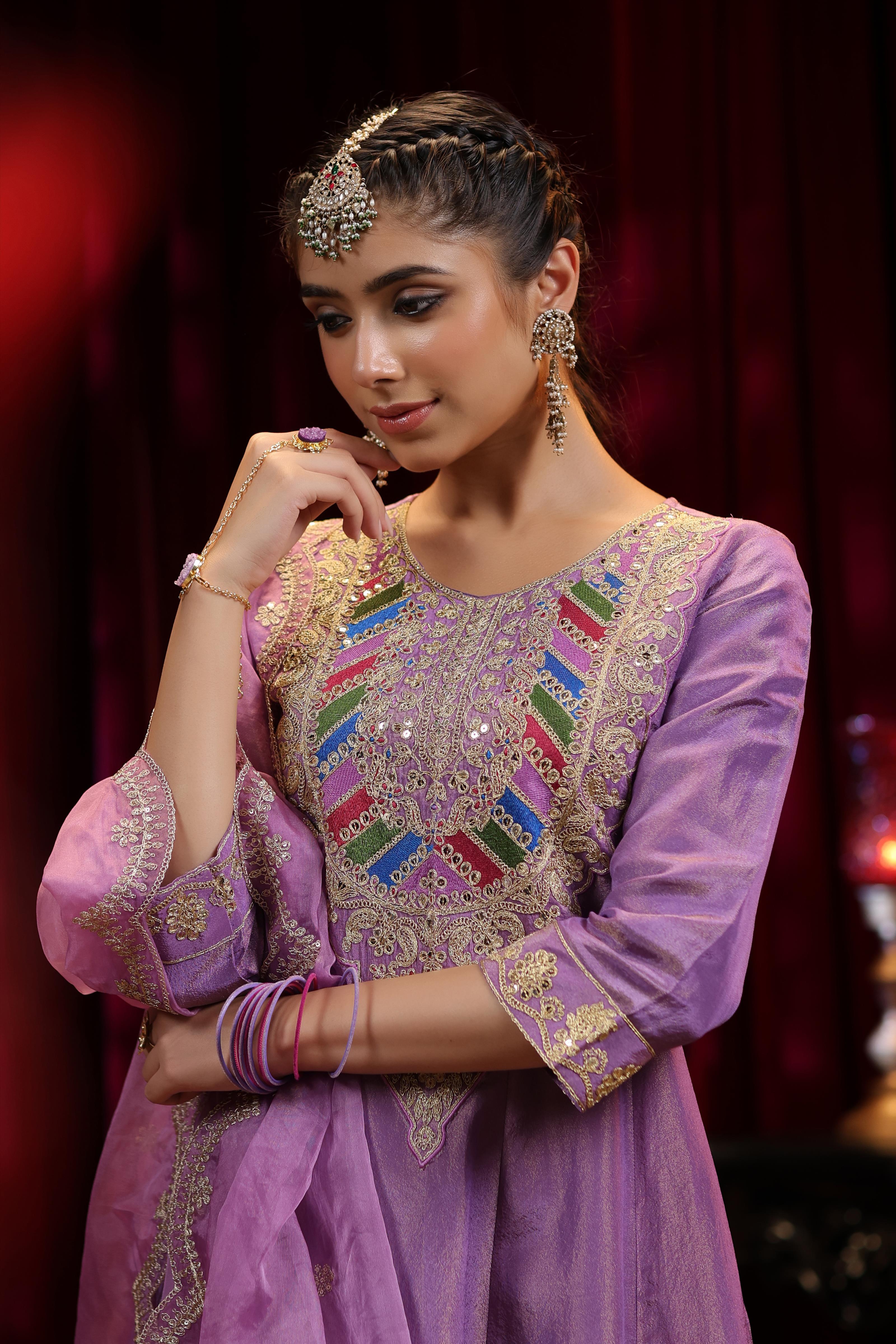 Purple Shimmer Organza Dori-Sequin Work Anarkali Set