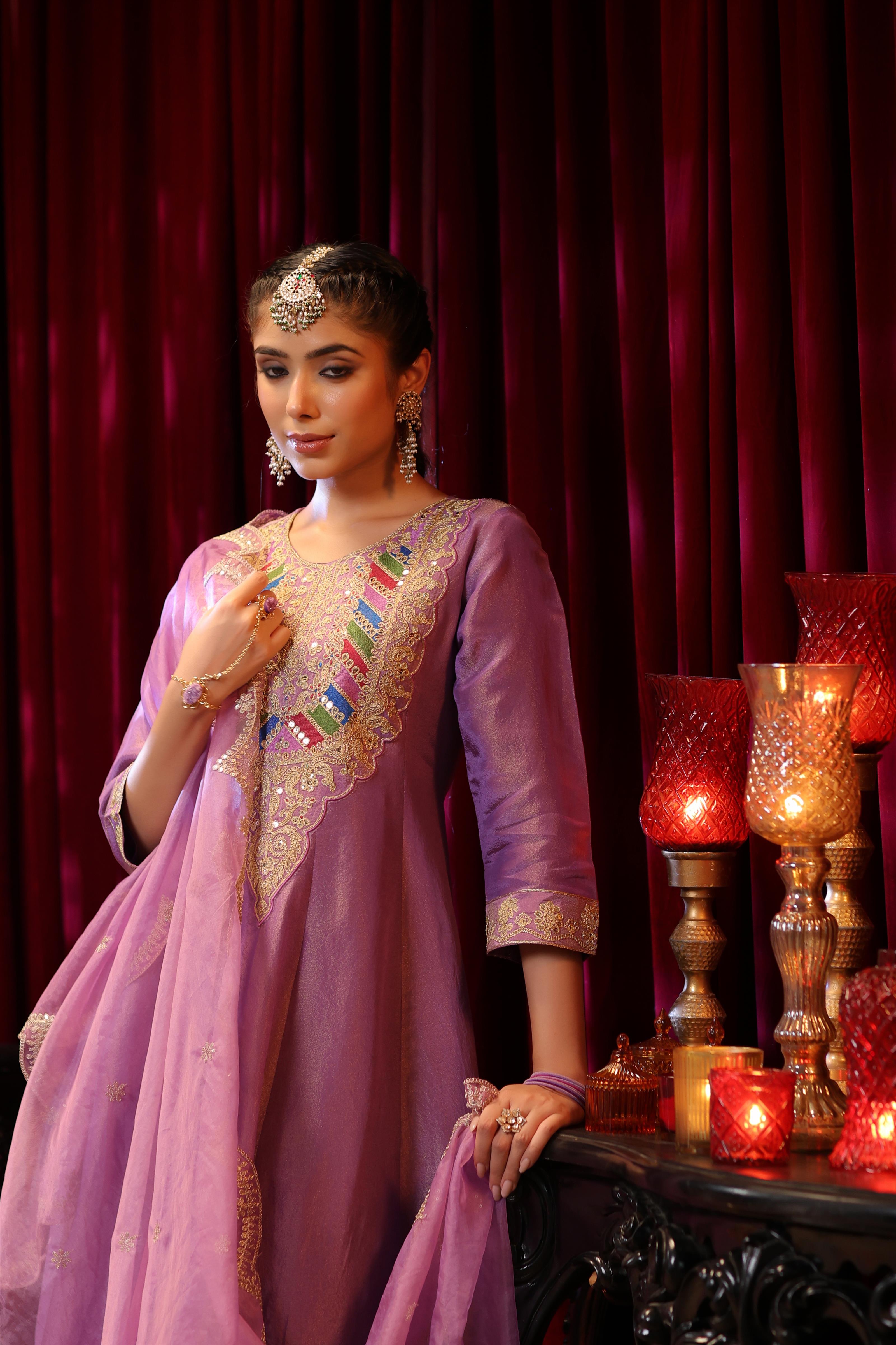 Purple Shimmer Organza Dori-Sequin Work Anarkali Set