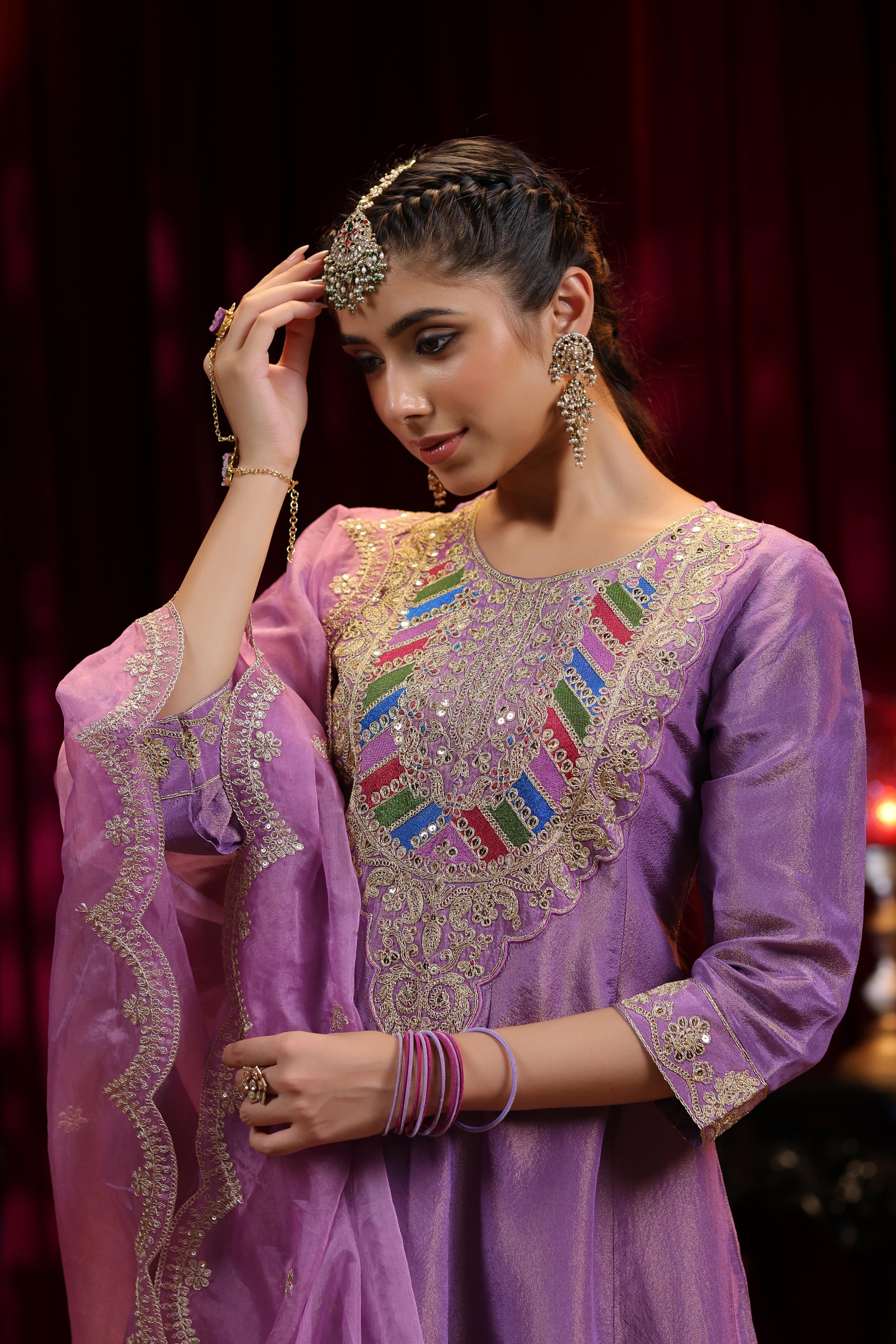 Purple Shimmer Organza Dori-Sequin Work Anarkali Set