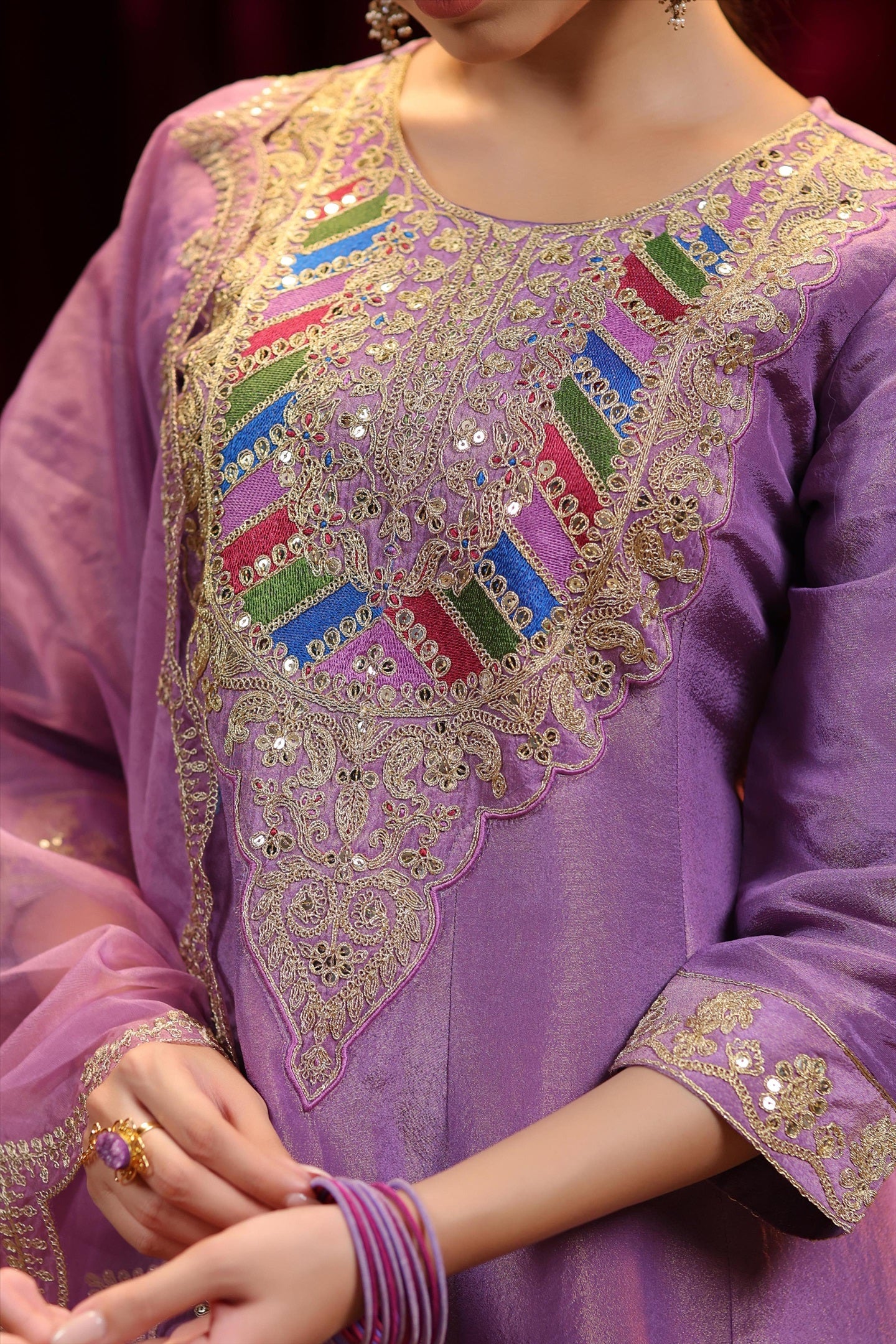 Purple Shimmer Organza Dori-Sequin Work Anarkali Set