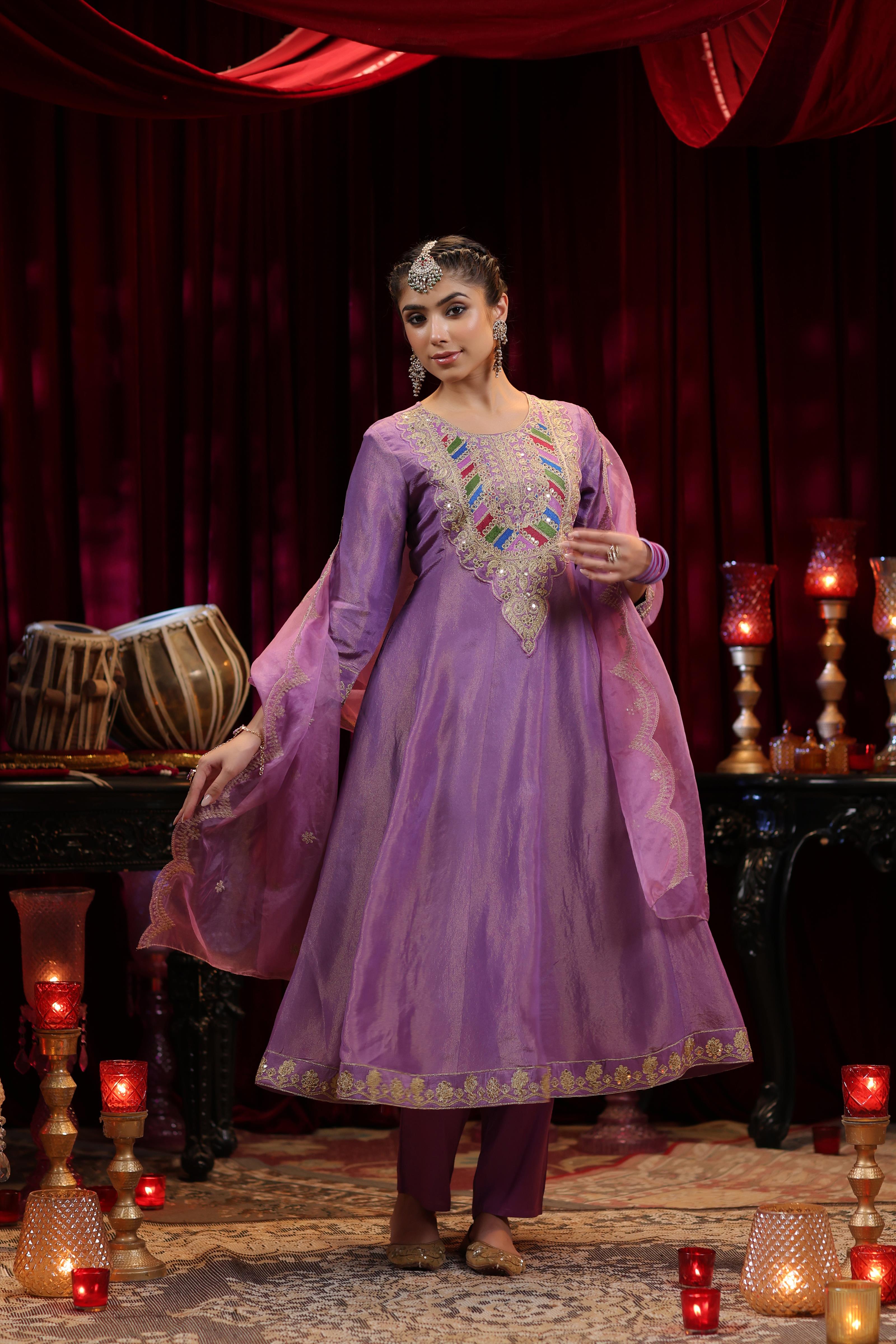 Purple Shimmer Organza Dori-Sequin Work Anarkali Set