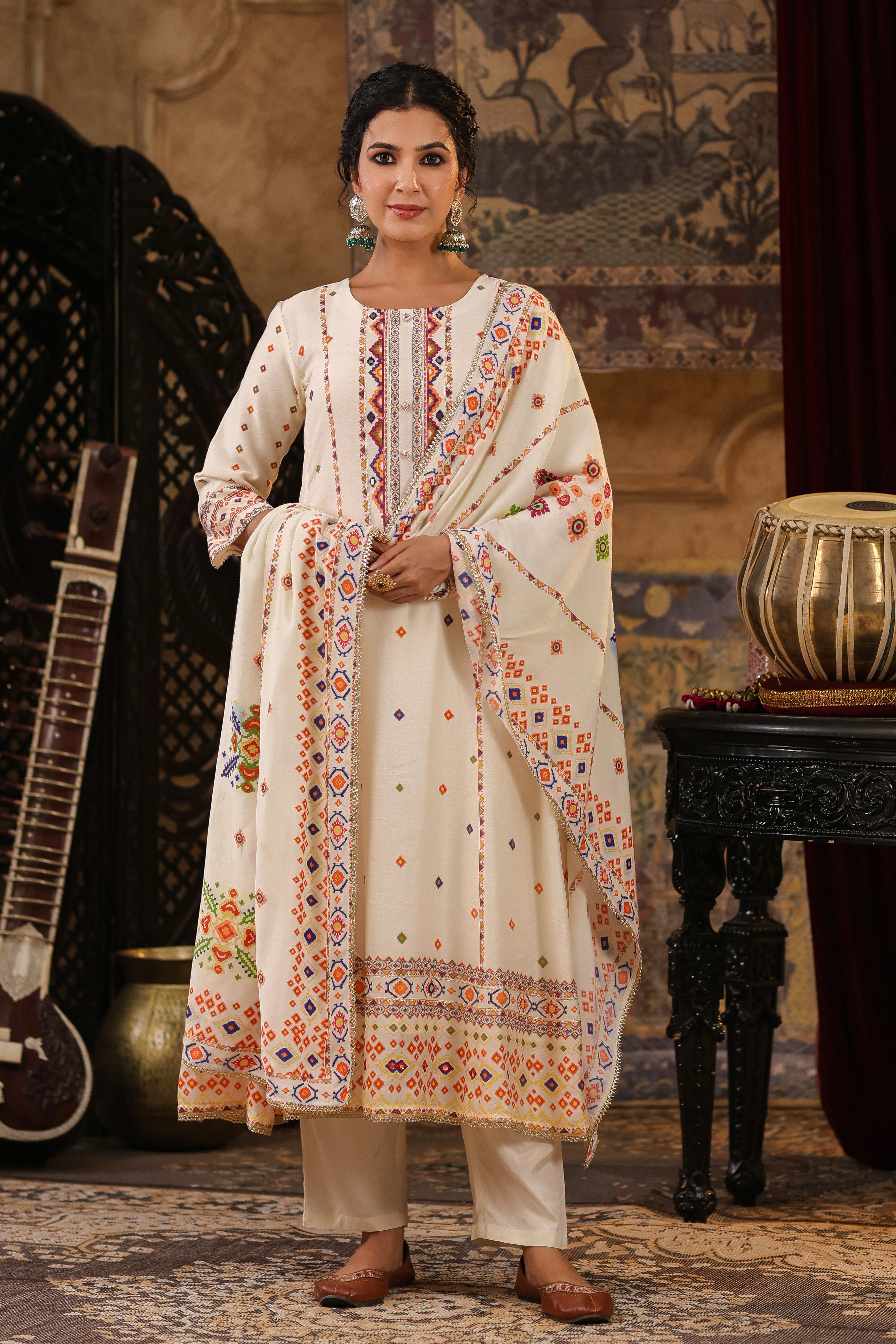 Ivory Chanderi Silk Patola Printed Anarkali Set