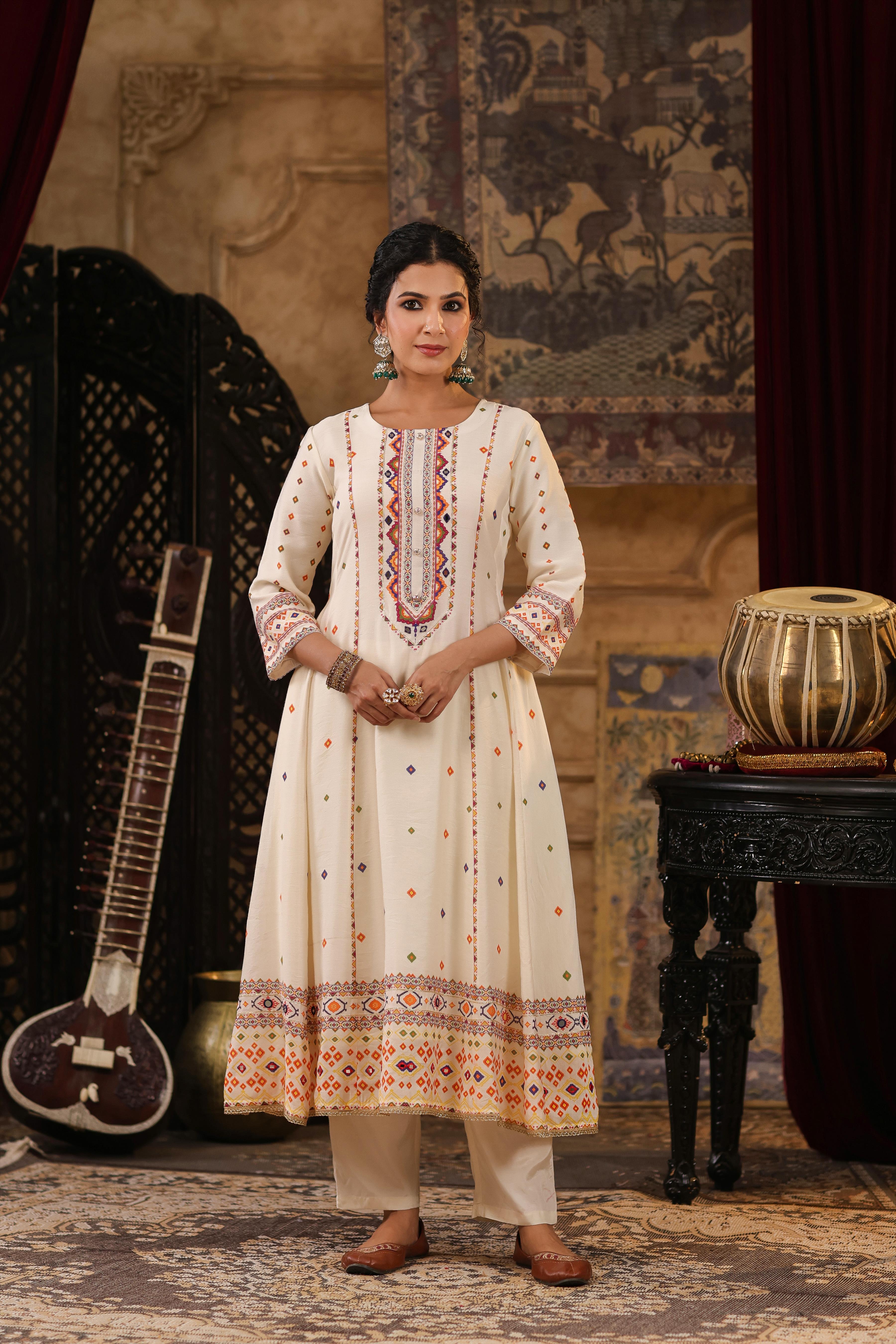 Ivory Chanderi Silk Patola Printed Anarkali Set