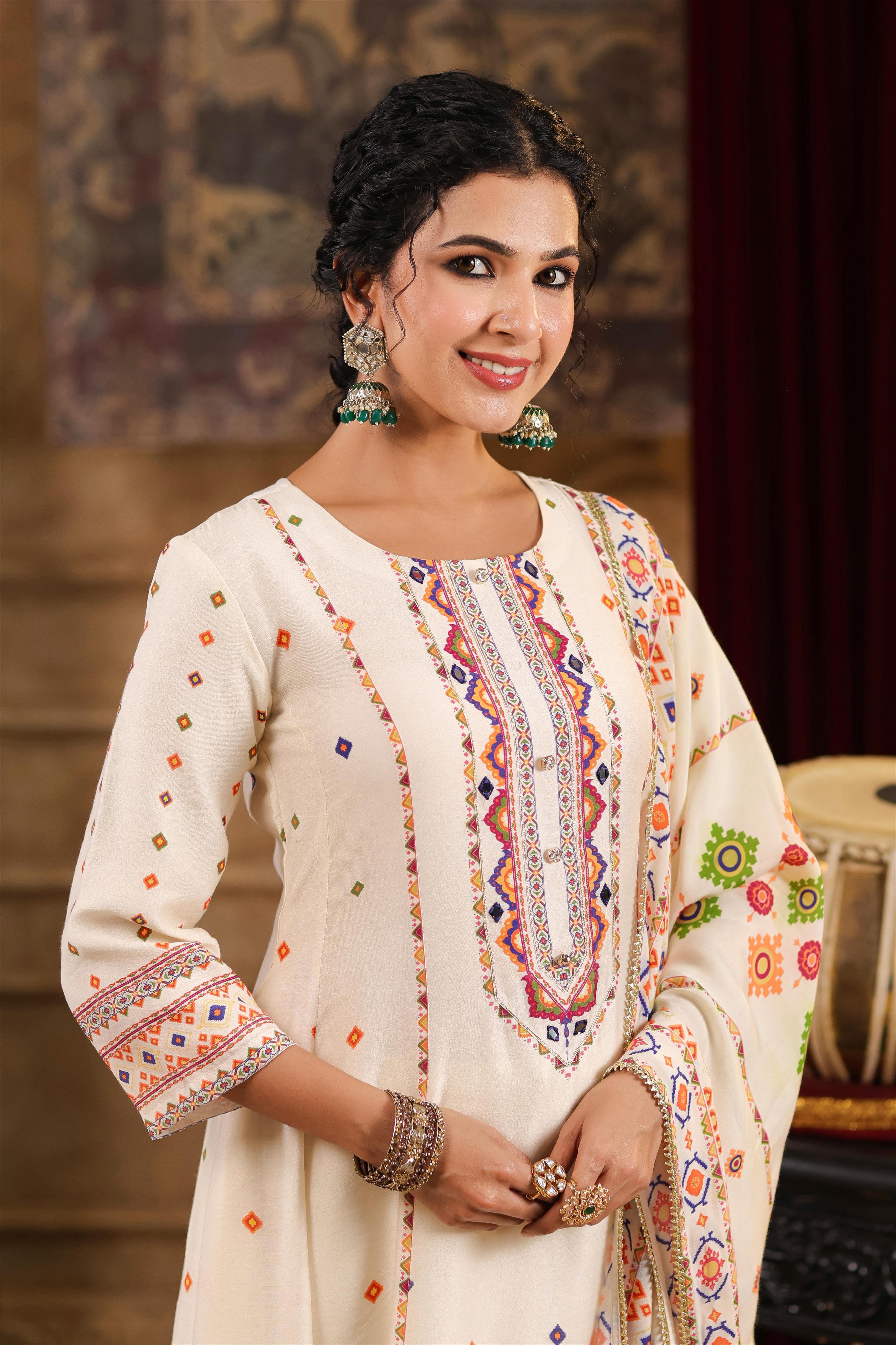 Ivory Chanderi Silk Patola Printed Anarkali Set