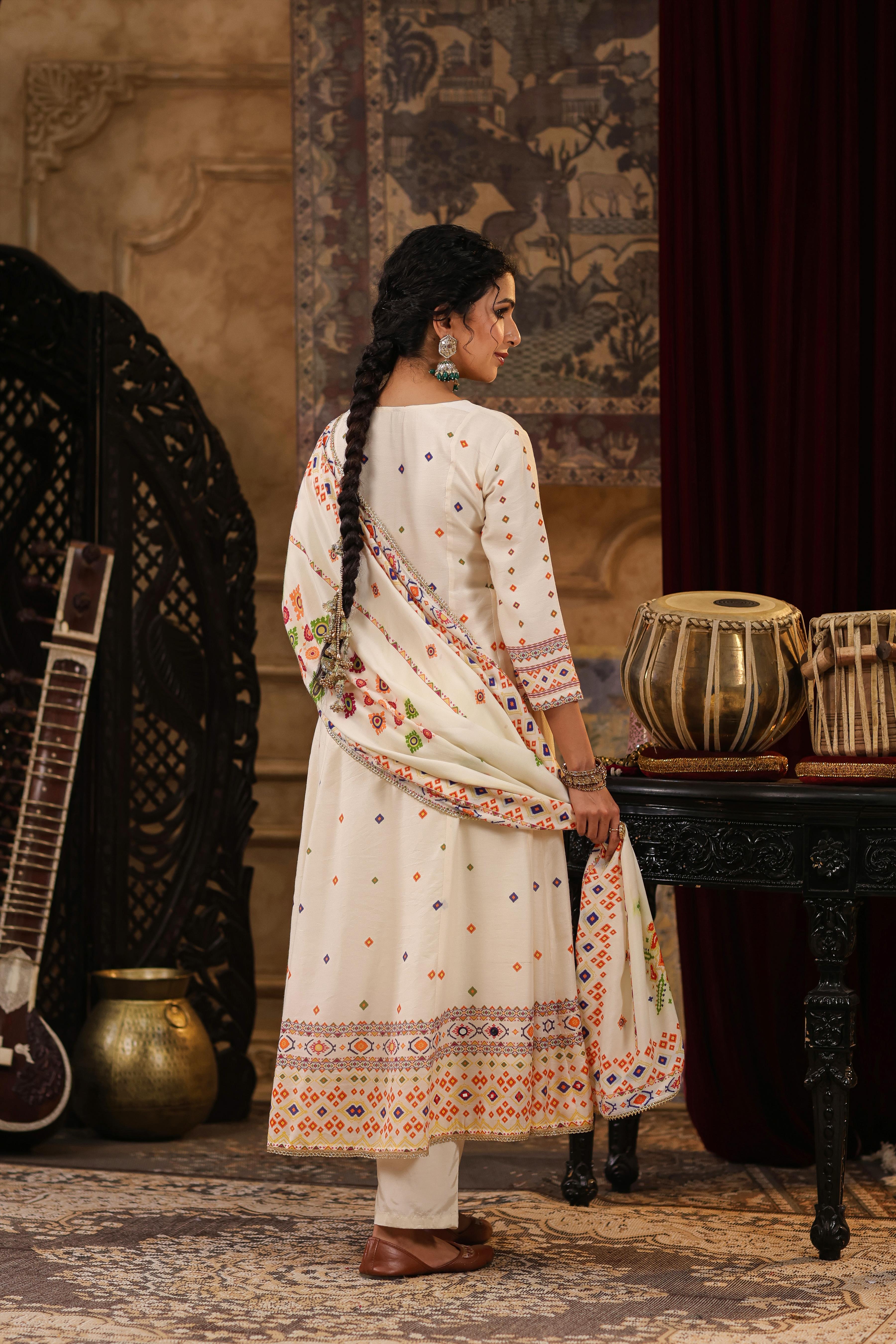 Ivory Chanderi Silk Patola Printed Anarkali Set