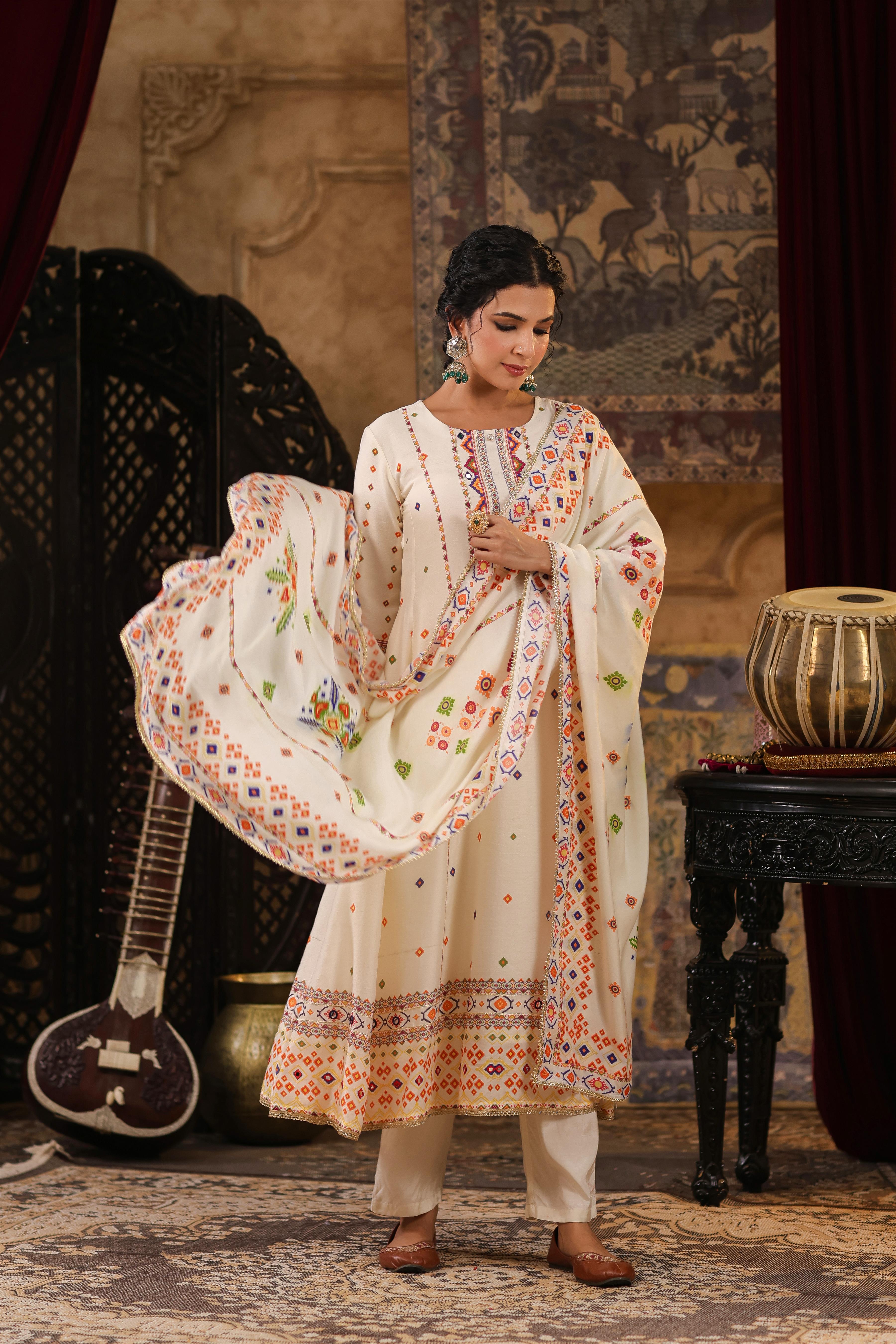 Ivory Chanderi Silk Patola Printed Anarkali Set