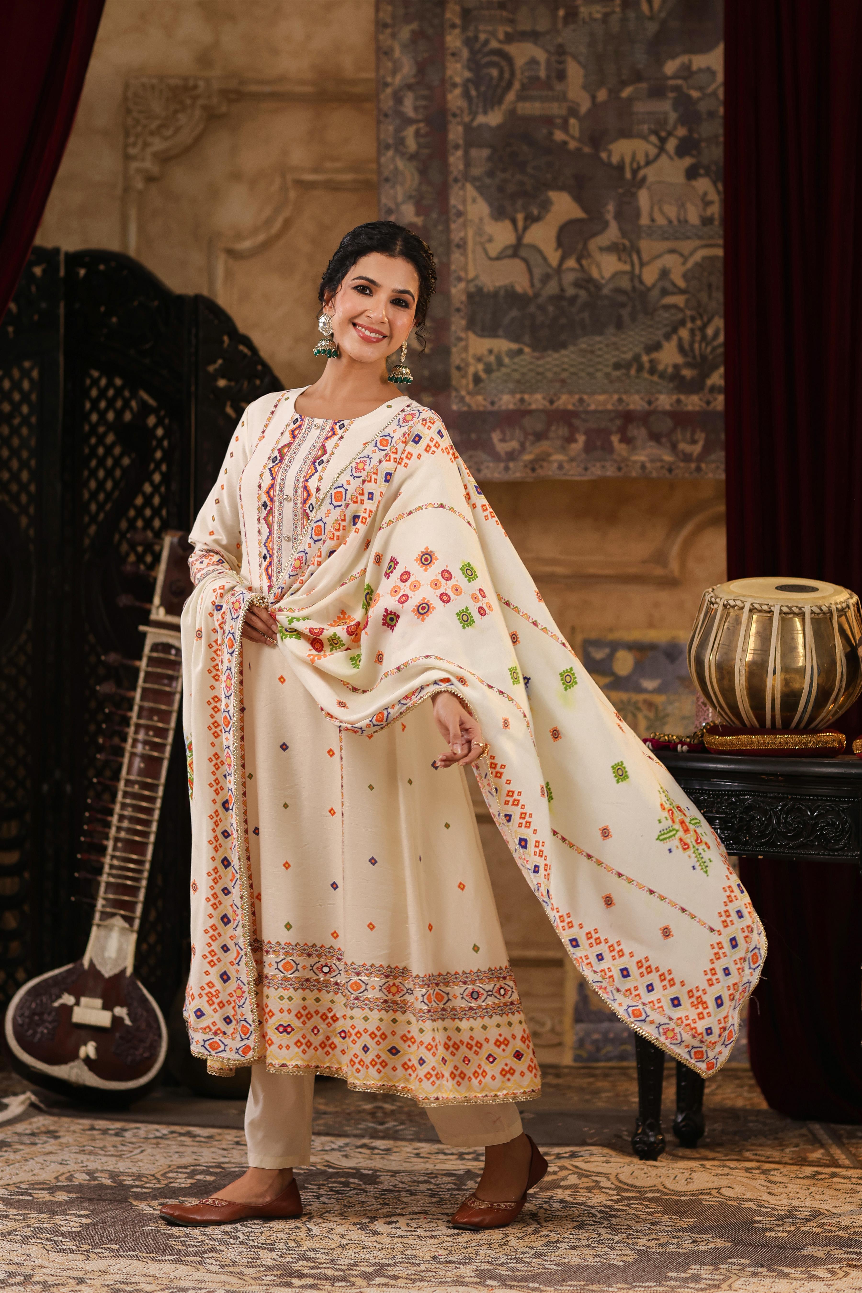 Ivory Chanderi Silk Patola Printed Anarkali Set