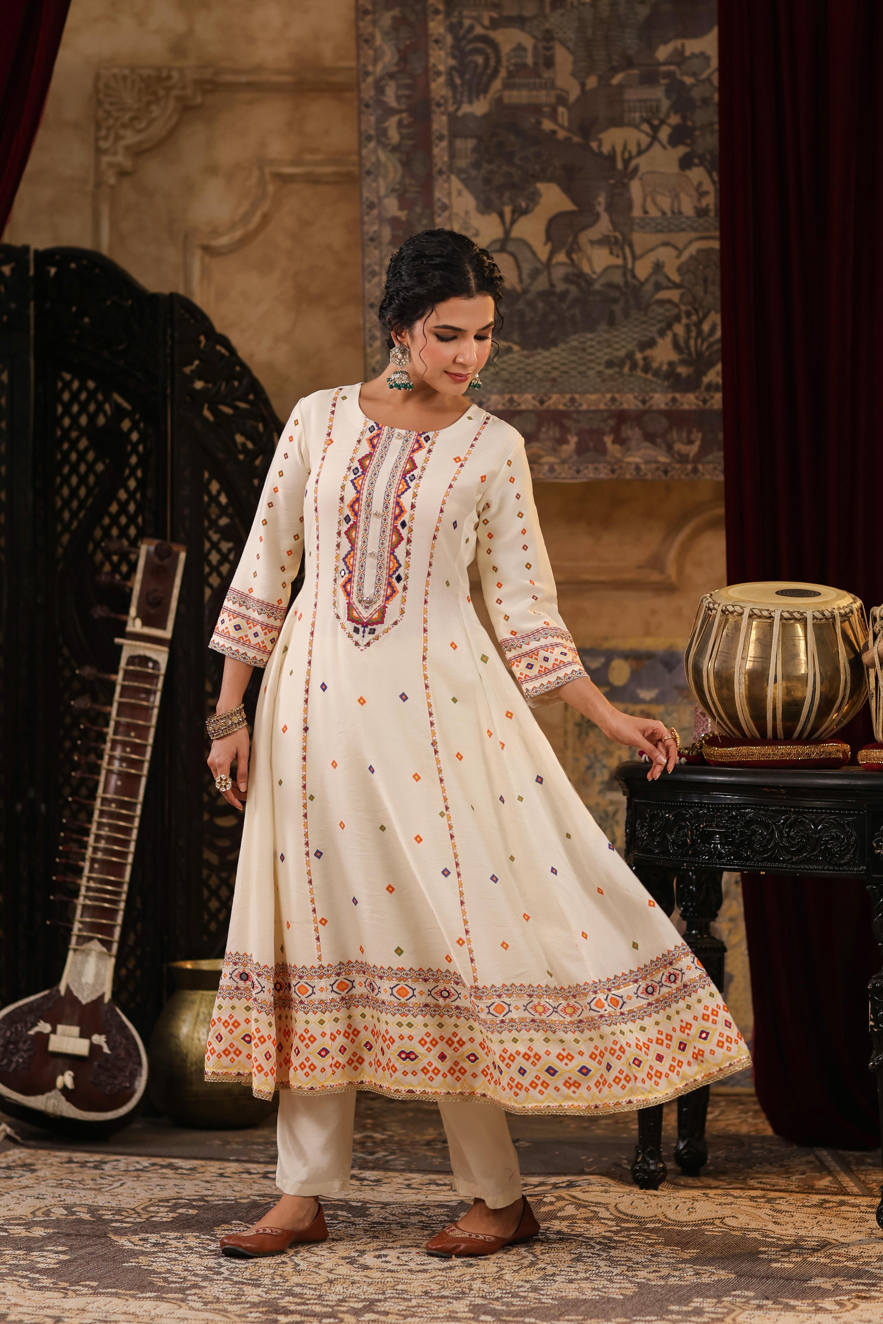 Ivory Chanderi Silk Patola Printed Anarkali Set