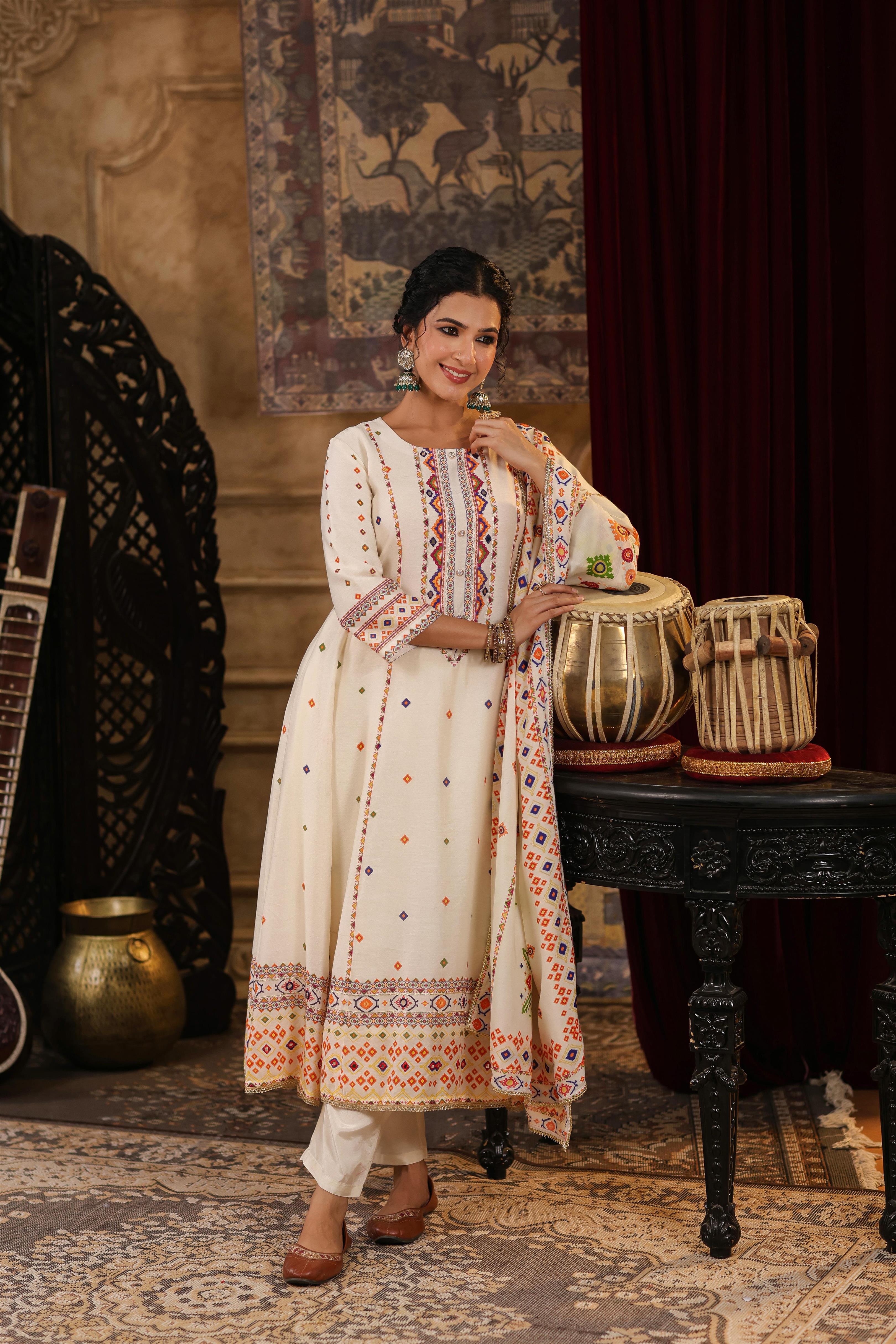 Ivory Chanderi Silk Patola Printed Anarkali Set