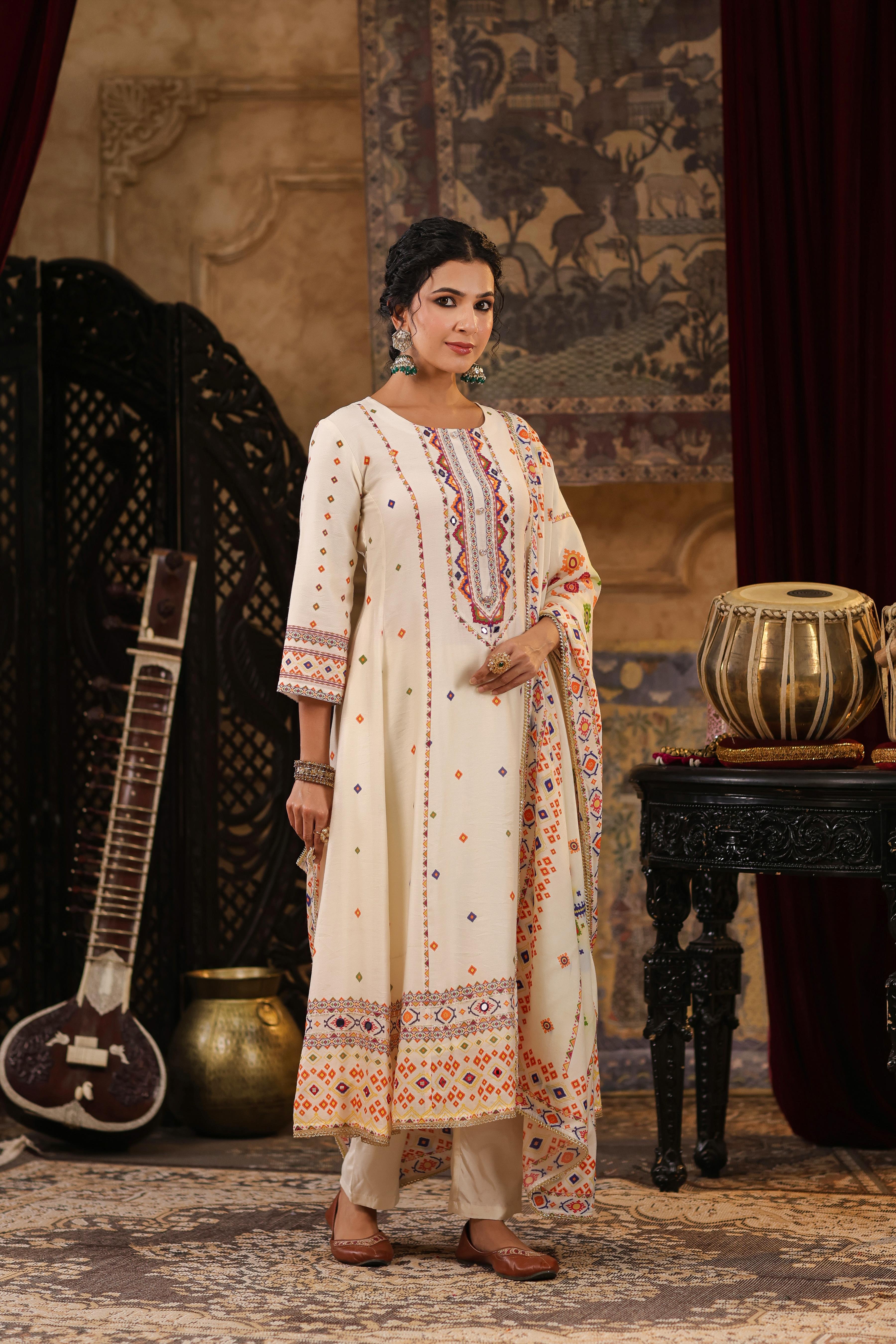 Ivory Chanderi Silk Patola Printed Anarkali Set