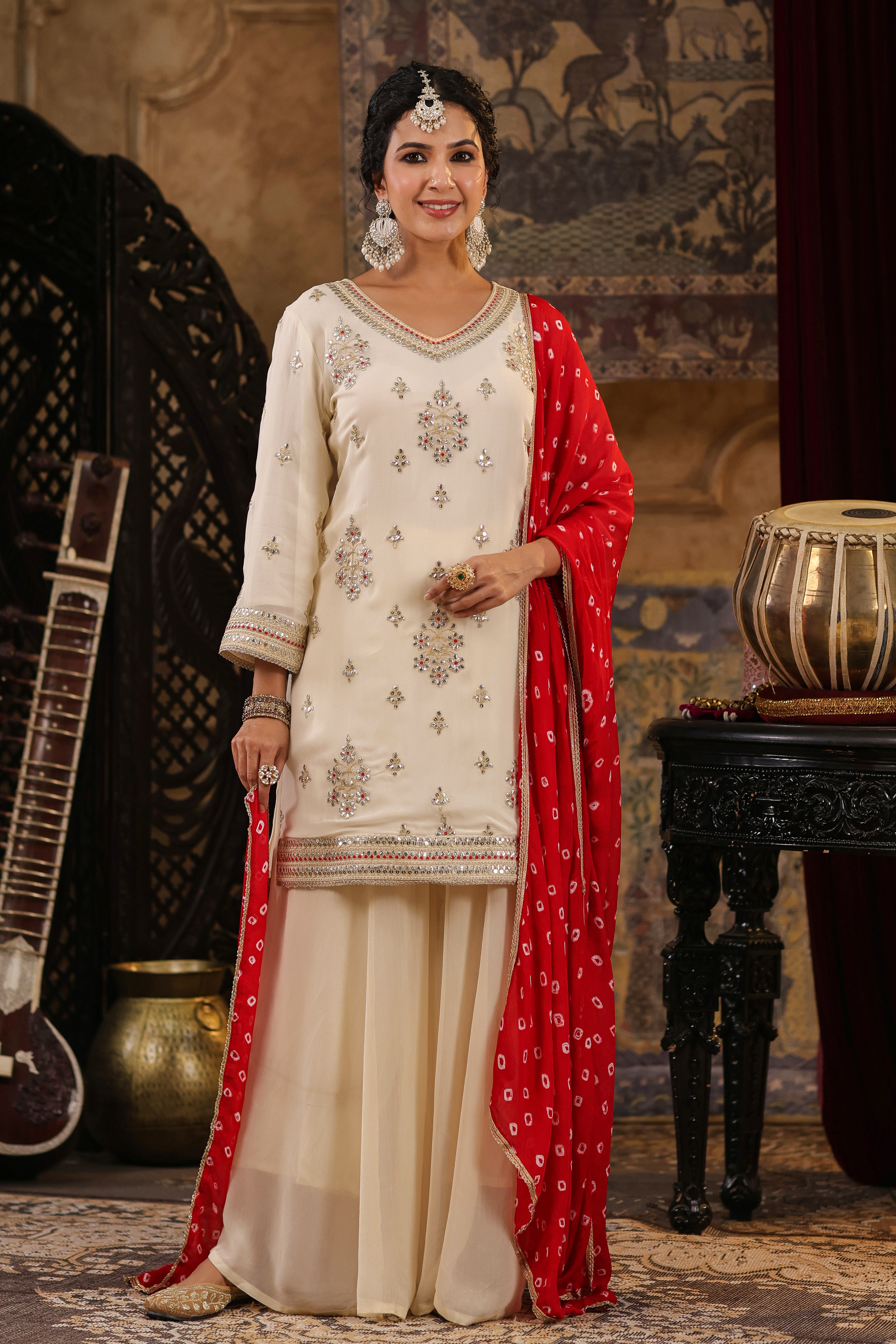 Ivory Georgette Dori-Gota Work Palazzo Set