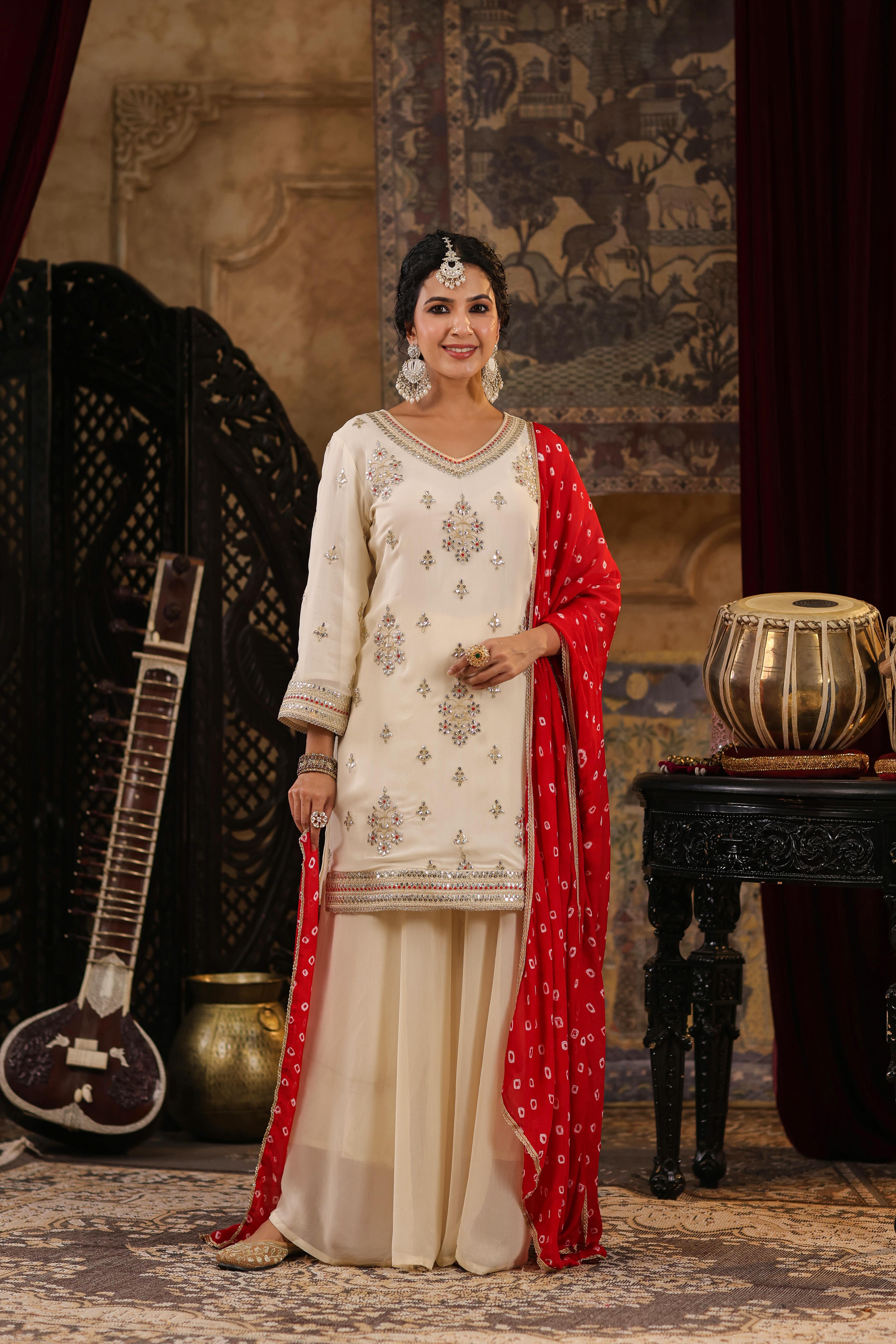 Ivory Georgette Dori-Gota Work Palazzo Set