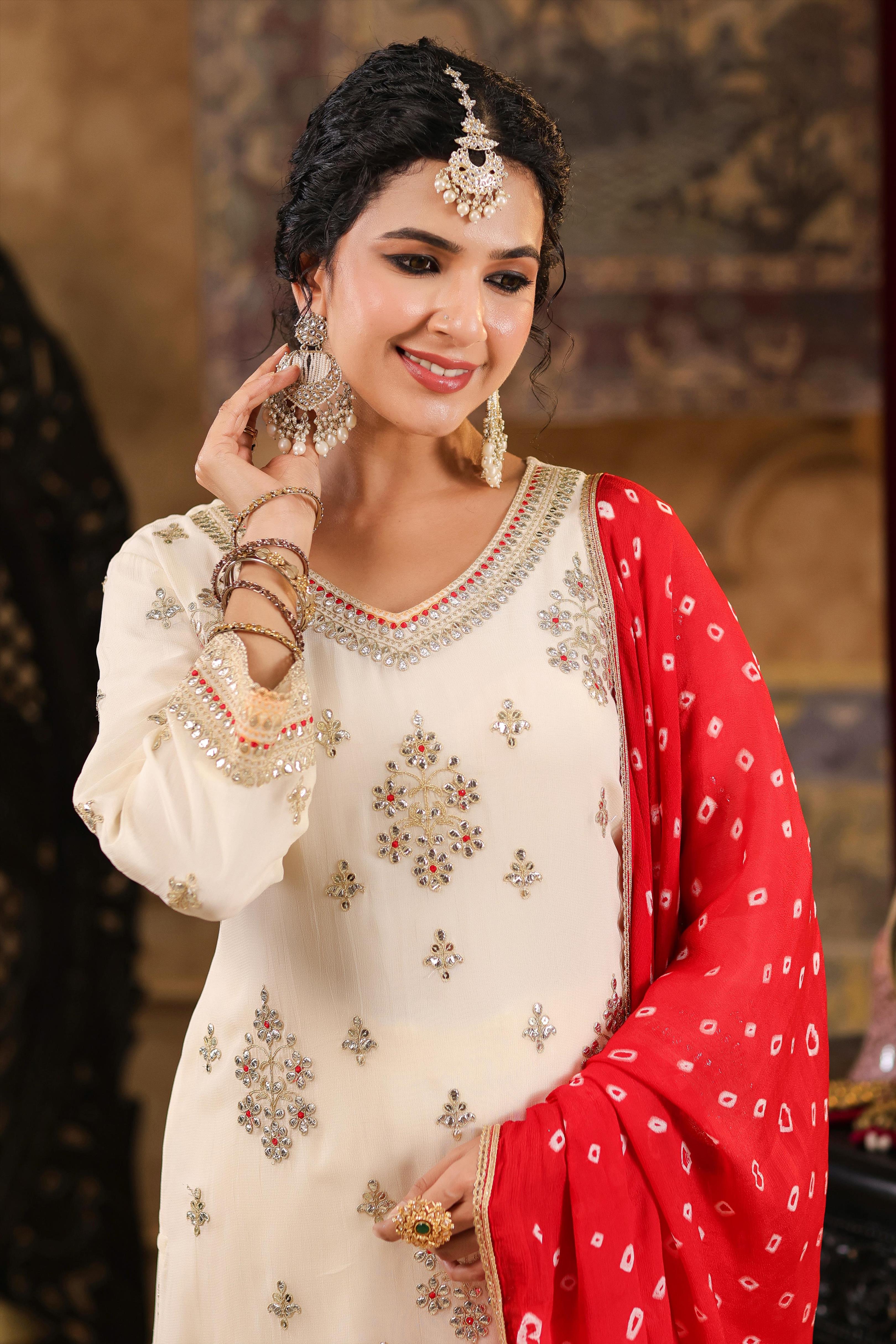 Ivory Georgette Dori-Gota Work Palazzo Set