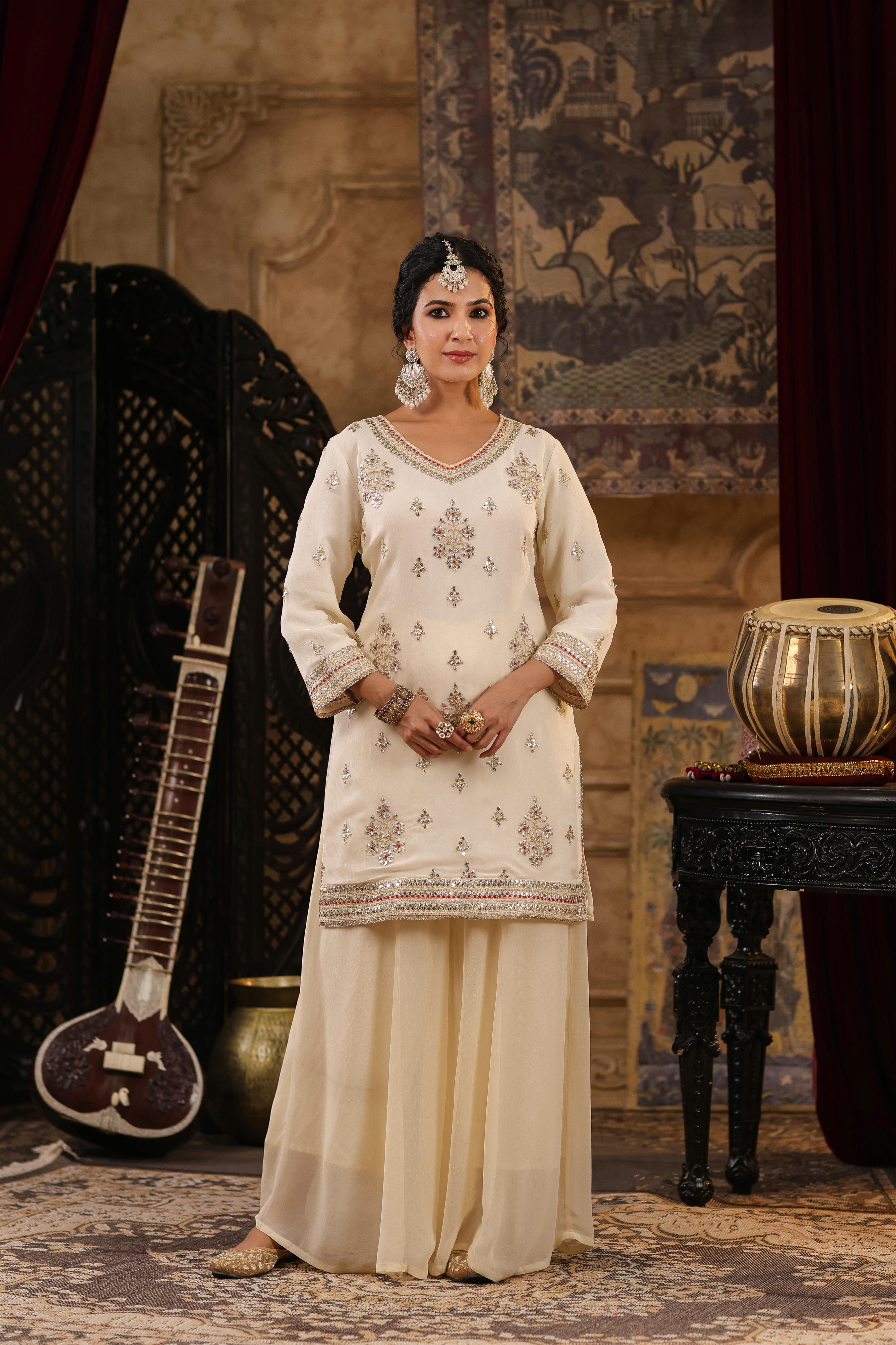 Ivory Georgette Dori-Gota Work Palazzo Set